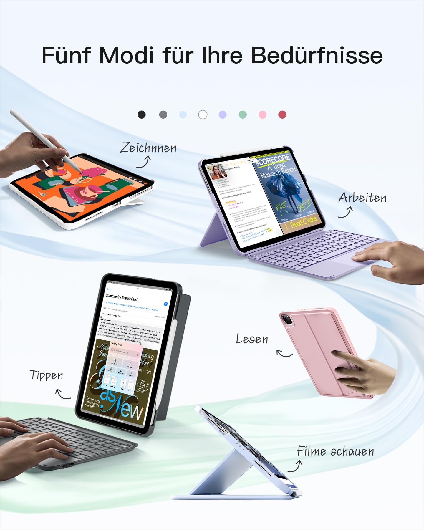Inateck case with keyboard, ultralight keyboard for iPad 10/11 generation A16 2025 11 inch, iPad Air 11" M3/M2 (2025/2024), Air 5/4, Pro 11 4/3/2/1, removable, with touchpad, QWERTZ, AceTouch KB04122 - KB04122-G-DE