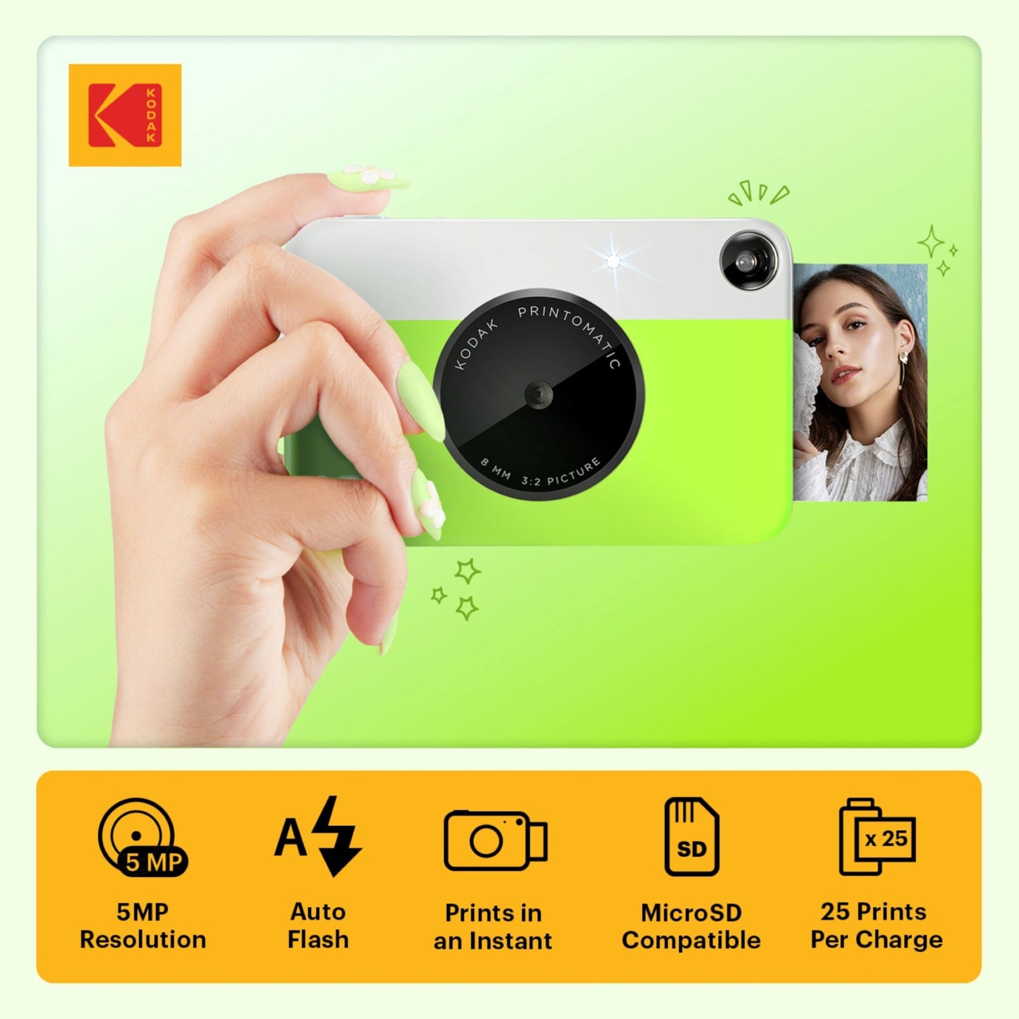 Kodak Printomatic Instant Camera - 75 Sheet Package - 5MP - Zinc 2x3 Photos - Portable - Green - AMZNBRODMATGN