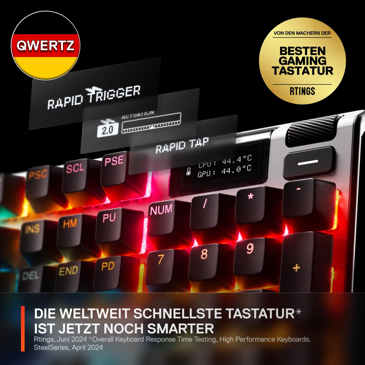 SteelSeries Apex Pro Gen 3 - Gaming Keyboard - Hall Effect Switches; OmniPoint 3.0 - Adjustable Actuation - Game-Ready Presets - Rapid Trigger, Protection Mode, Rapid Tap/SOCD - German QWERTZ - 64663