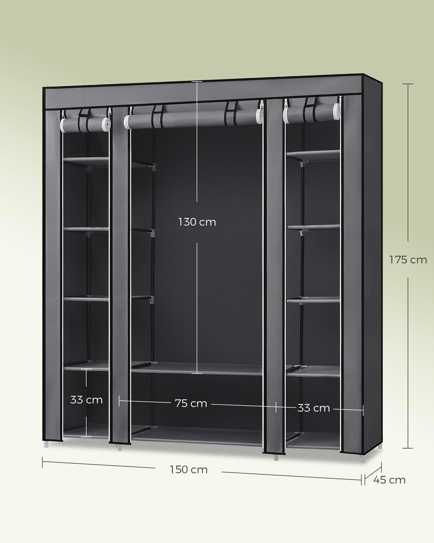 SONGMICS Wardrobe, Fabric Cupboard, 12 with Clothes Rail and Shelves, Sturdy Cupboard, for Bedroom, Dressing Room, 150 x 45 x 175 cm, Gray LSF03G