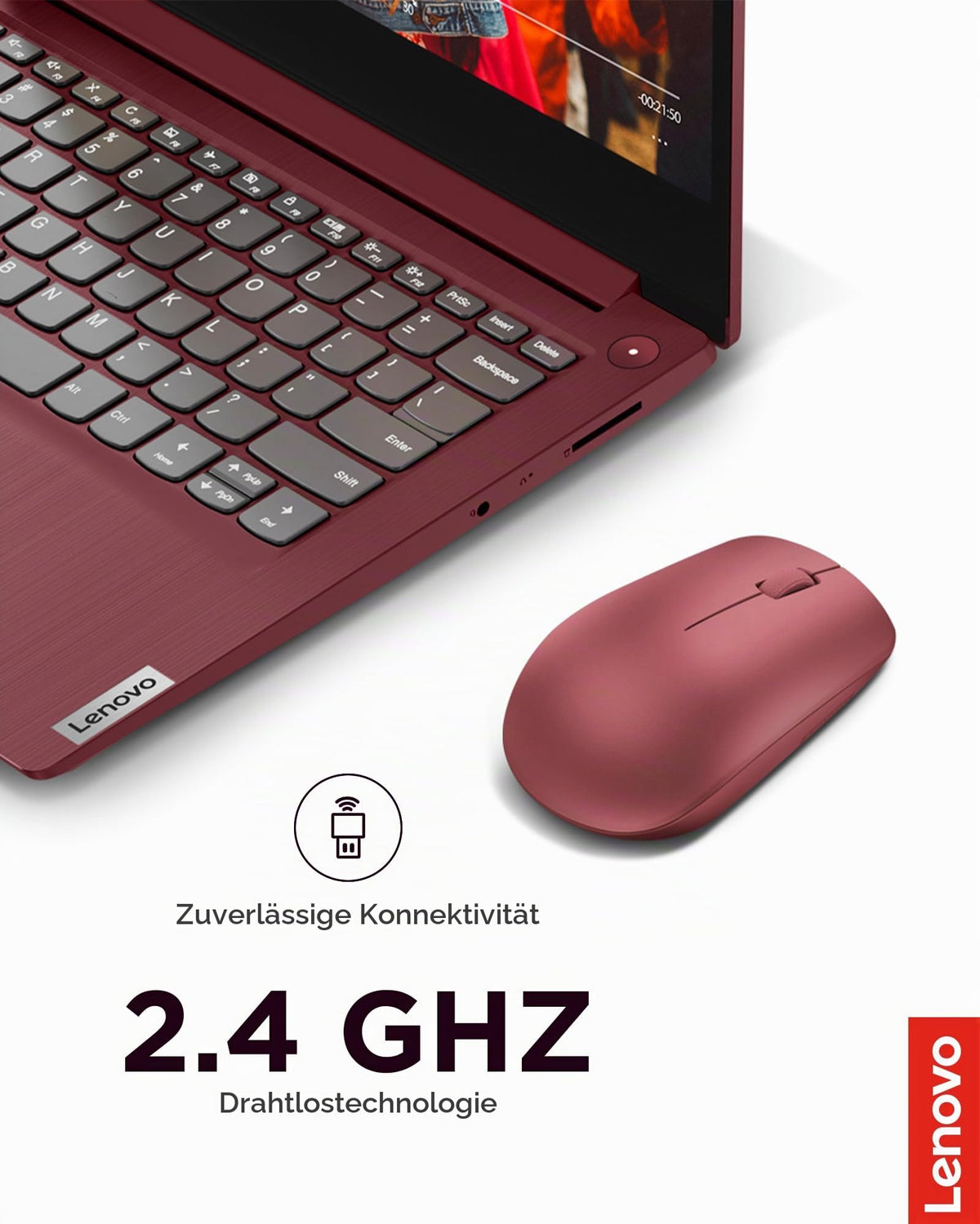 Lenovo 530 Mouse Wireless, design ambidextru, conexiune Nano-USB, compatibil cu laptopuri și PC-uri Windows, roșu cires - GY50Z18990