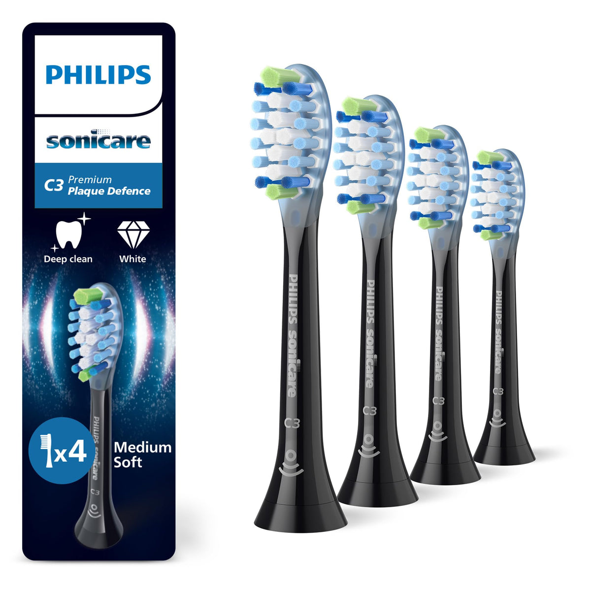 Philips Sonicare C3 Premium Plaque Defense, capete de periuță de dinți de schimb originale, negru, pachet de 4, HX9044/88