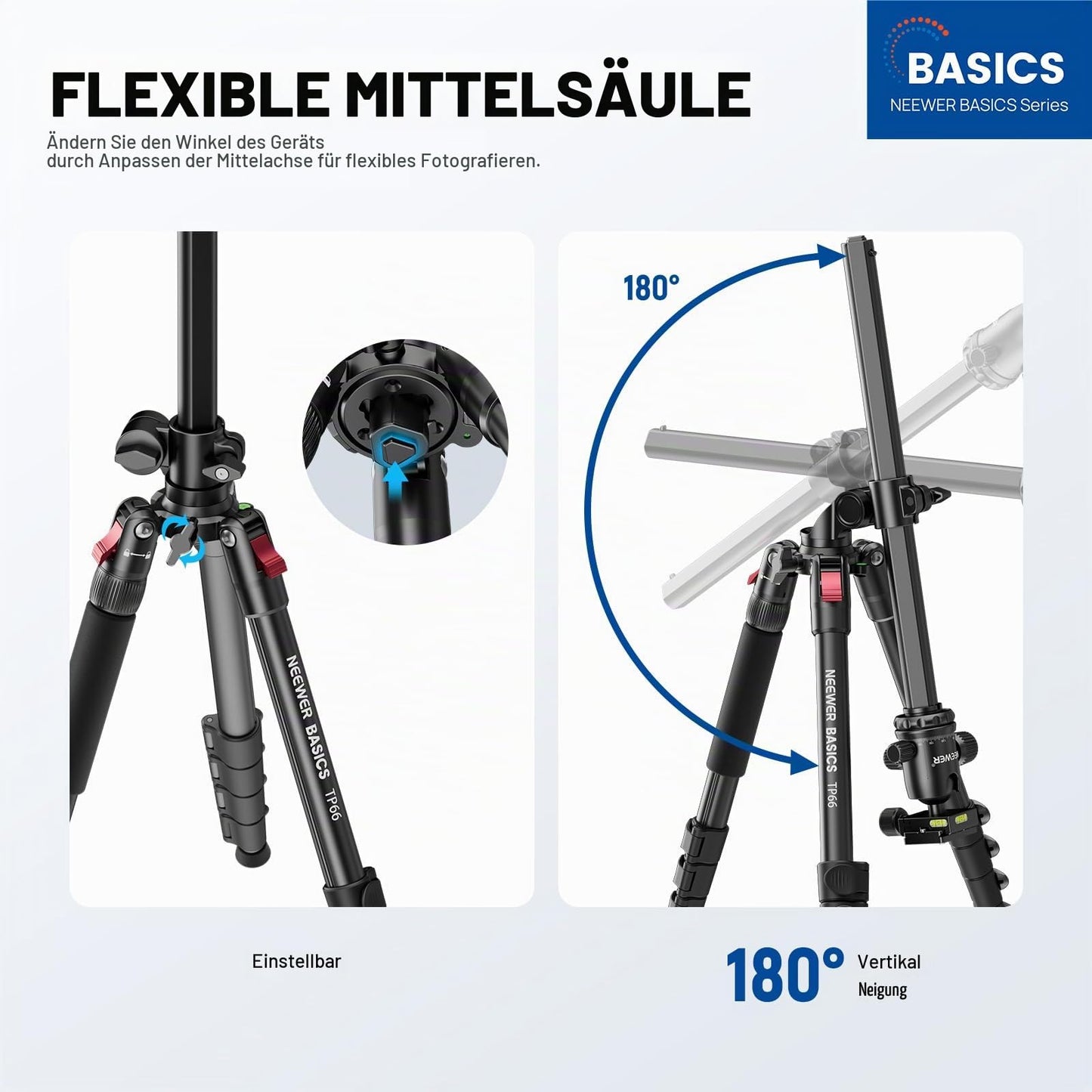 NEEWER Basics 64.5" Horizontal Overhead Camera Tripod with Ball Head/Mobile Phone Holder Compatible with iPhone, Aluminum Travel Tripod Monopod, 360° Pan, 180° Tilt Angle, 10kg Load Capacity, TP66