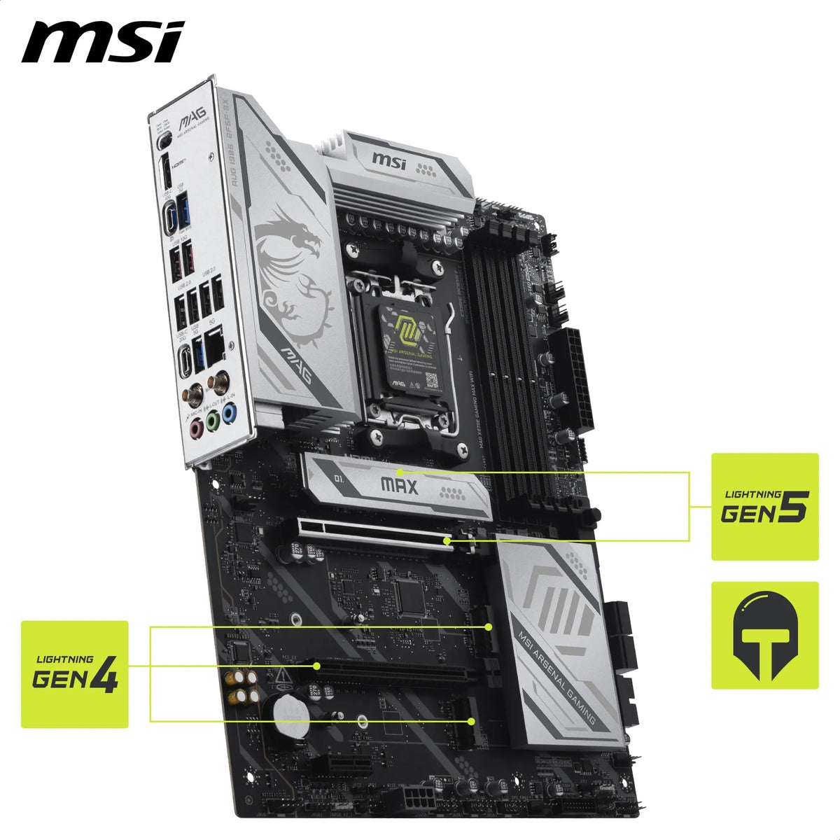 MSI MAG X870E Gaming MAX WiFi Placă de bază, ATX - Suportă procesoare AMD Ryzen 9000/8000/7000, AM5 - Memorie DDR5 Boost (până la 8200+ MT/s OC), PCIe 5.0 x16, M.2 Gen5, Wi-Fi 7, 5G LAN - 7E86-001R