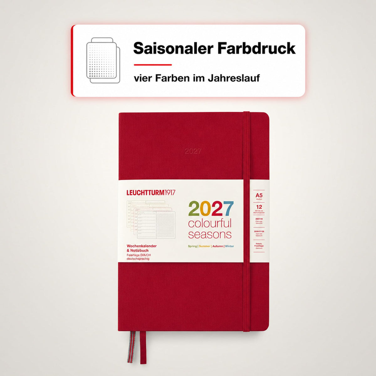 LEUCHTTURM1917 Calendar săptămânal și caiet cu punct mediu (A5) 2027, anotimpuri colorate roșu, germană, cartonată, prezentare generală a calendarului 2026/2027/2028, prezentare generală a planificării 01.27-12.28, planificator de proiect, buzunar