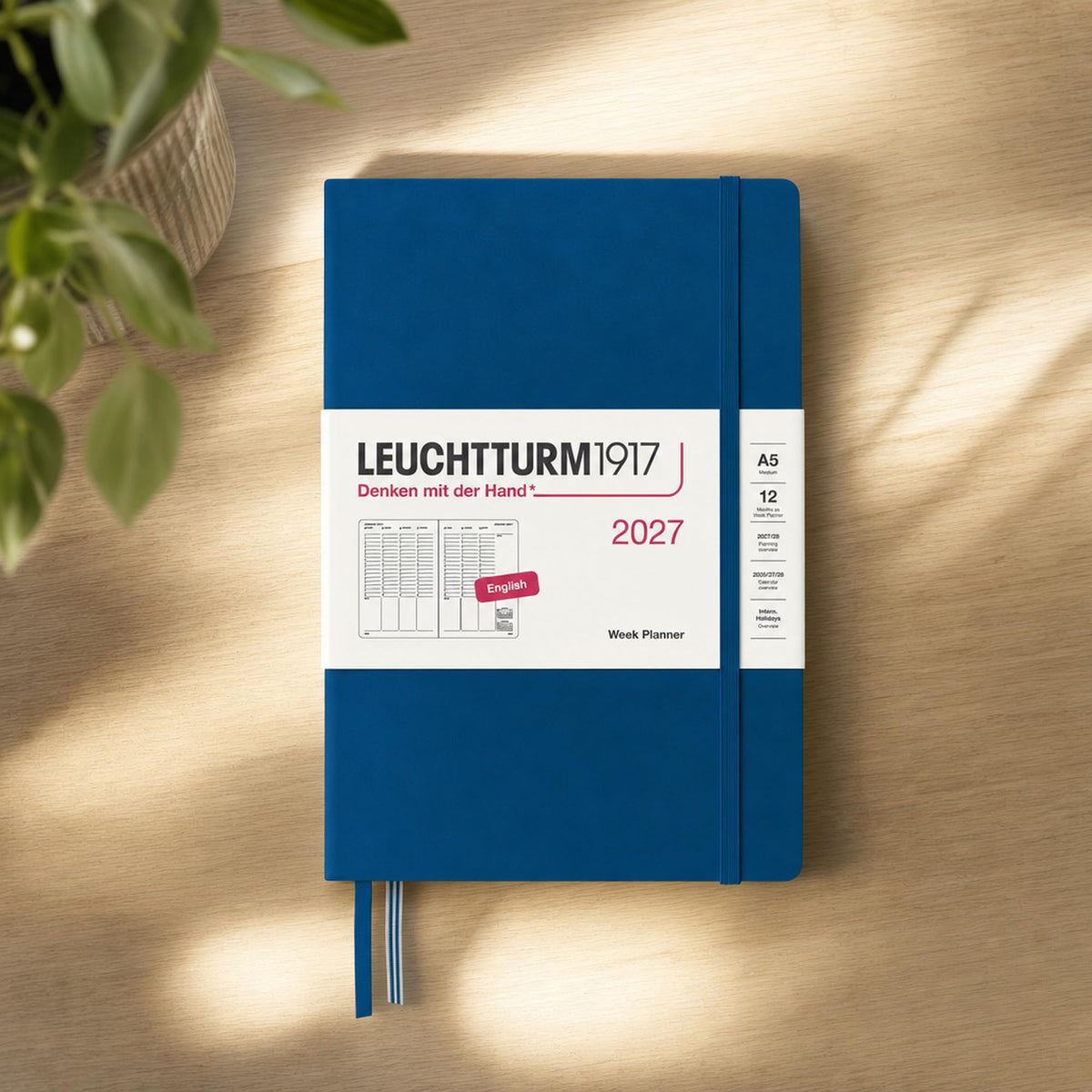 LEUCHTTURM1917 Weekly Planner 2027 Medium (A5) - English, Indigo, 210 x 145 mm, January-December (12 months), weekly overview with hourly grid 7:00-22:00 per column, hardcover, 80 g/m² paper - 400318
