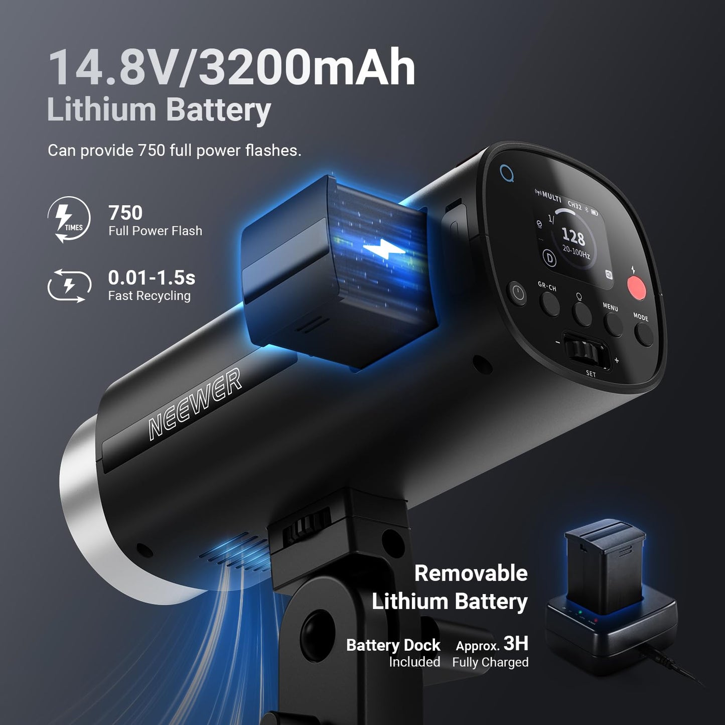 NEEWER 200Ws 2.4GHz TTL flash outdoor compatible with Godox, 1/8000s HSS, portable flash monolight for studio photography with modeling light, 3200mAh battery, 750 flashes, 1.5s charging time, Q200