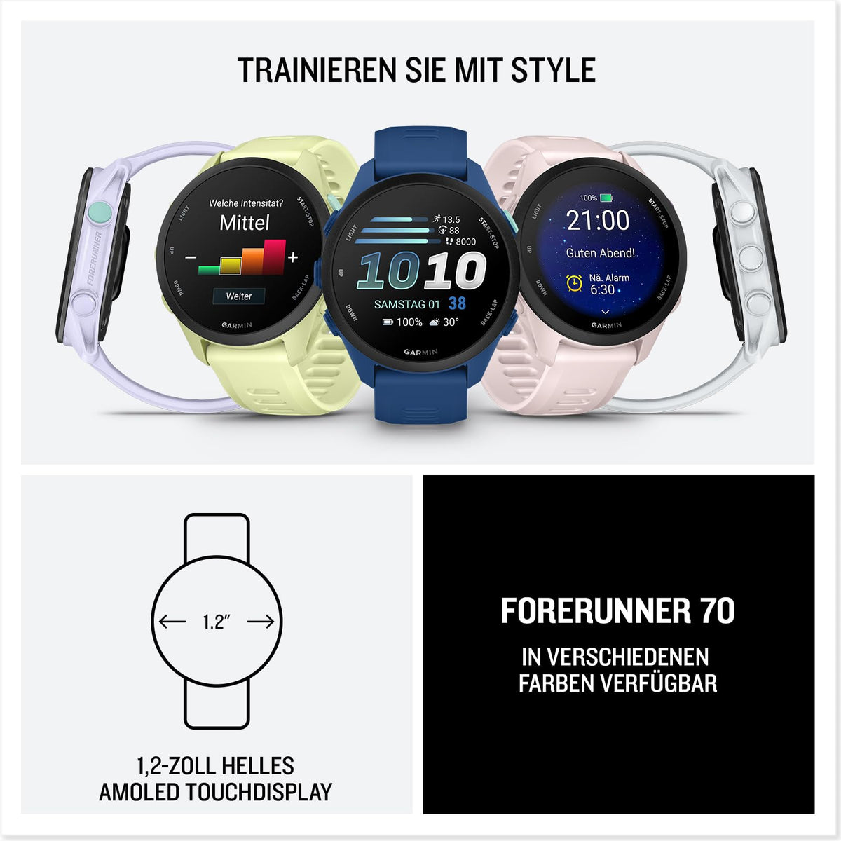 Garmin Forerunner 70 43mm - Running Smartwatch, 1.2" AMOLED Touchscreen, up to 13 days battery life, training recommendations, health data, 80+ sports apps, notifications, Pay - 010-04307-01