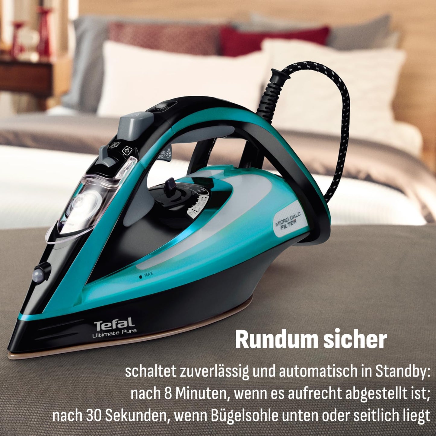 Tefal Ultimate Pure steam iron, 3200 W, 1.2 kg, Micro-Calc filter, Durilium Airglide Autoclean soleplate, automatic switch-off, 0.35 liter water tank, Made in France, black/turquoise, FV9844