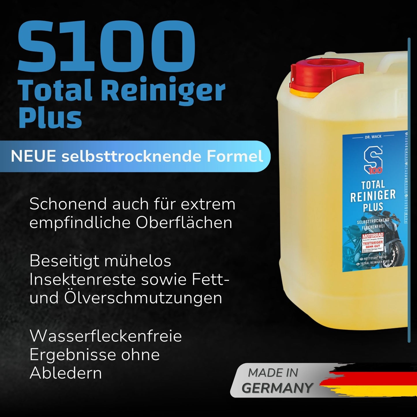 Dr. Wack - S100 Total Cleaner Plus 5 liters - Effective motorcycle cleaner with gel formula - Gentle cleaning of dirt - High yield & cleaning power - High-quality motorcycle care - 2030