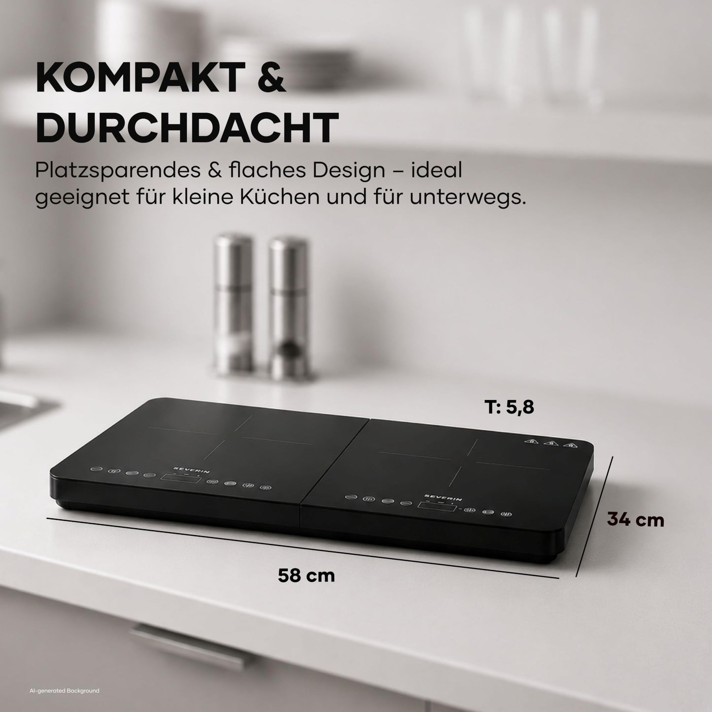 Severin induction hob, 2 plates, 10 power levels, temperature range 60-240°C, touch display, matt hotplates, less prone to scratches, glass ceramic hobs, black, 3,400 W, DK 1028