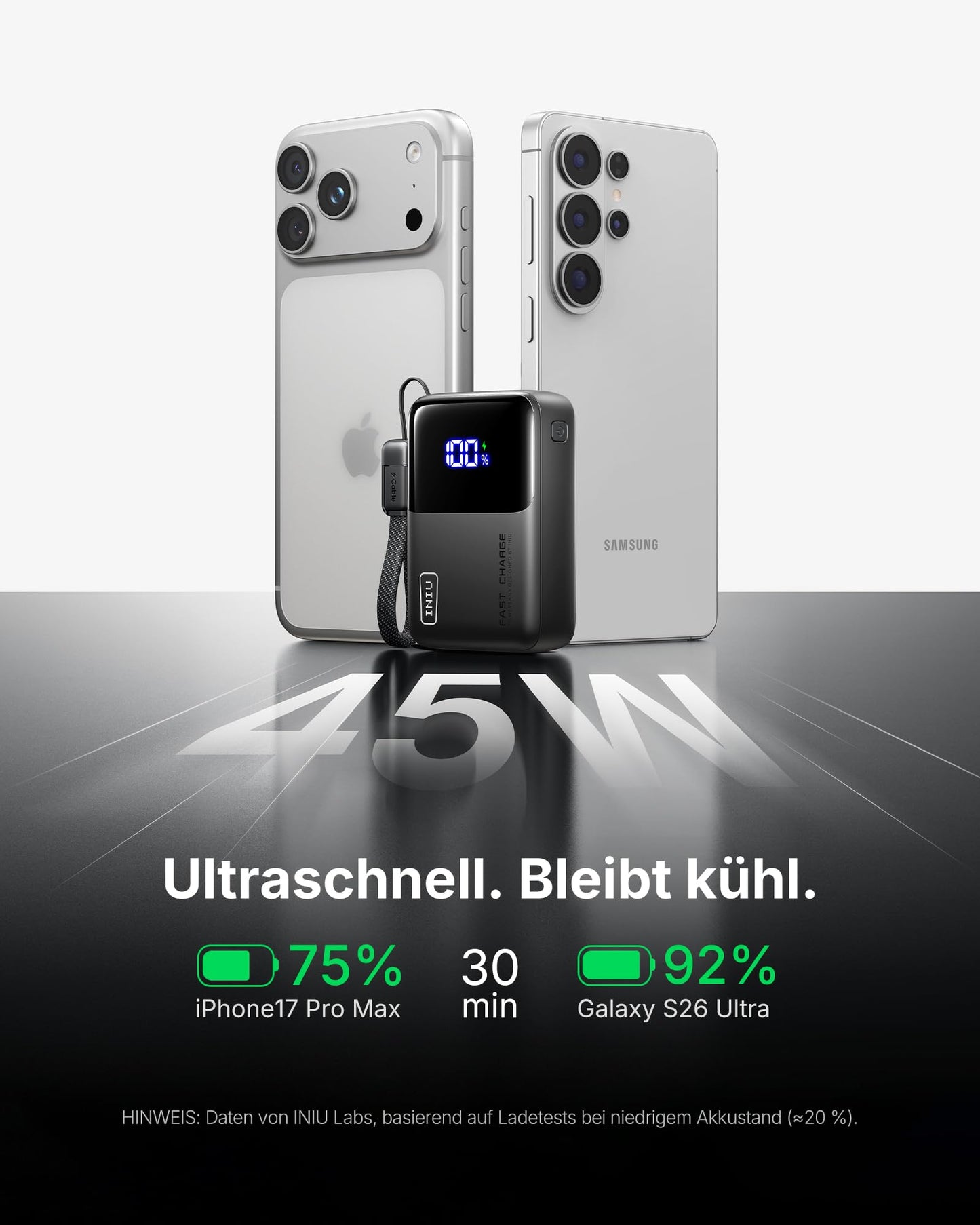 INIU Power Bank, Ultra Mini 45W Fast Charging 10000mAh Power Bank with Attached USB C Cable, Suitable for Flight, External Mobile Phone Batteries, Travel Essential for iPhone 17 16 Pro, Samsung S25, Xiaomi, iPad etc - P50