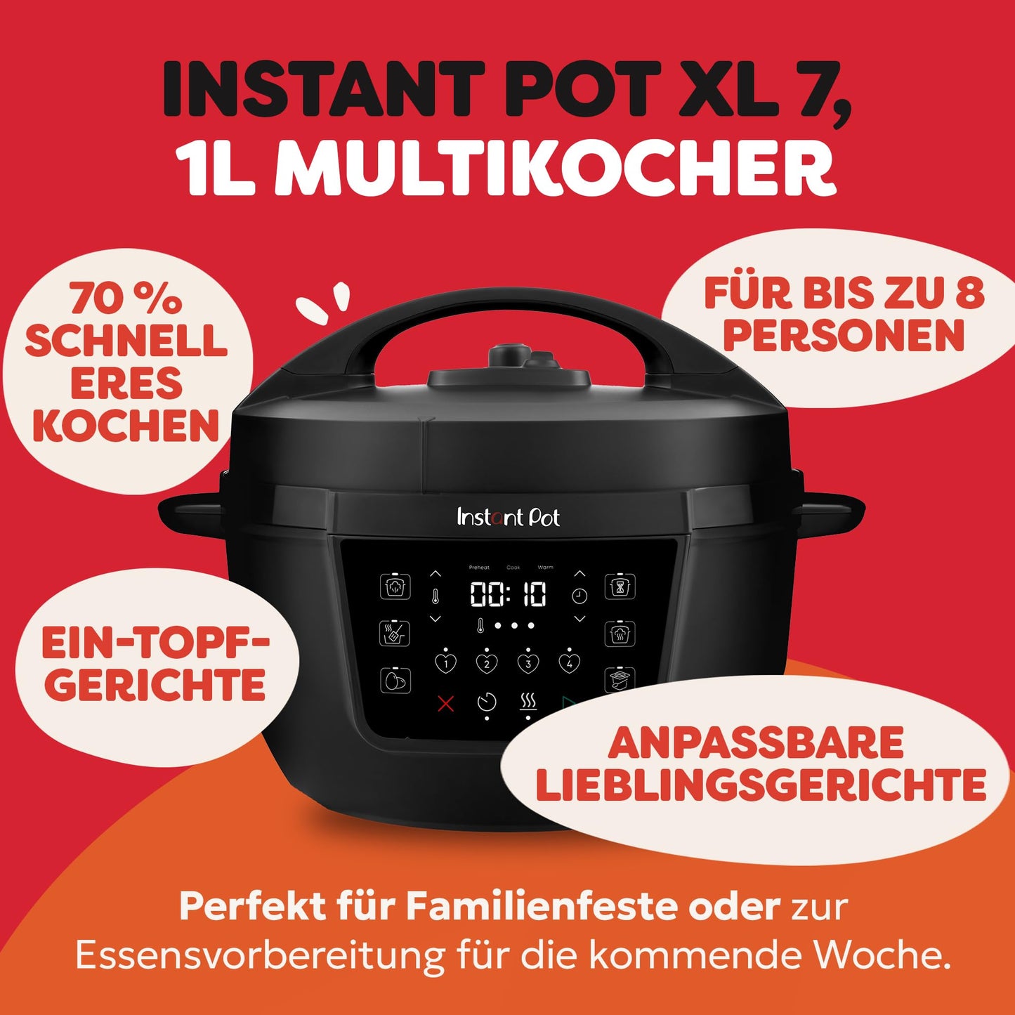 Instant Pot Multicooker XL 7.1L 7-in-1 Smart Cooker - pressure cooker, slow cooker, rice cooker, sauté pan, yogurt maker, steamer and food warmer, black - 140-0019-01-EU