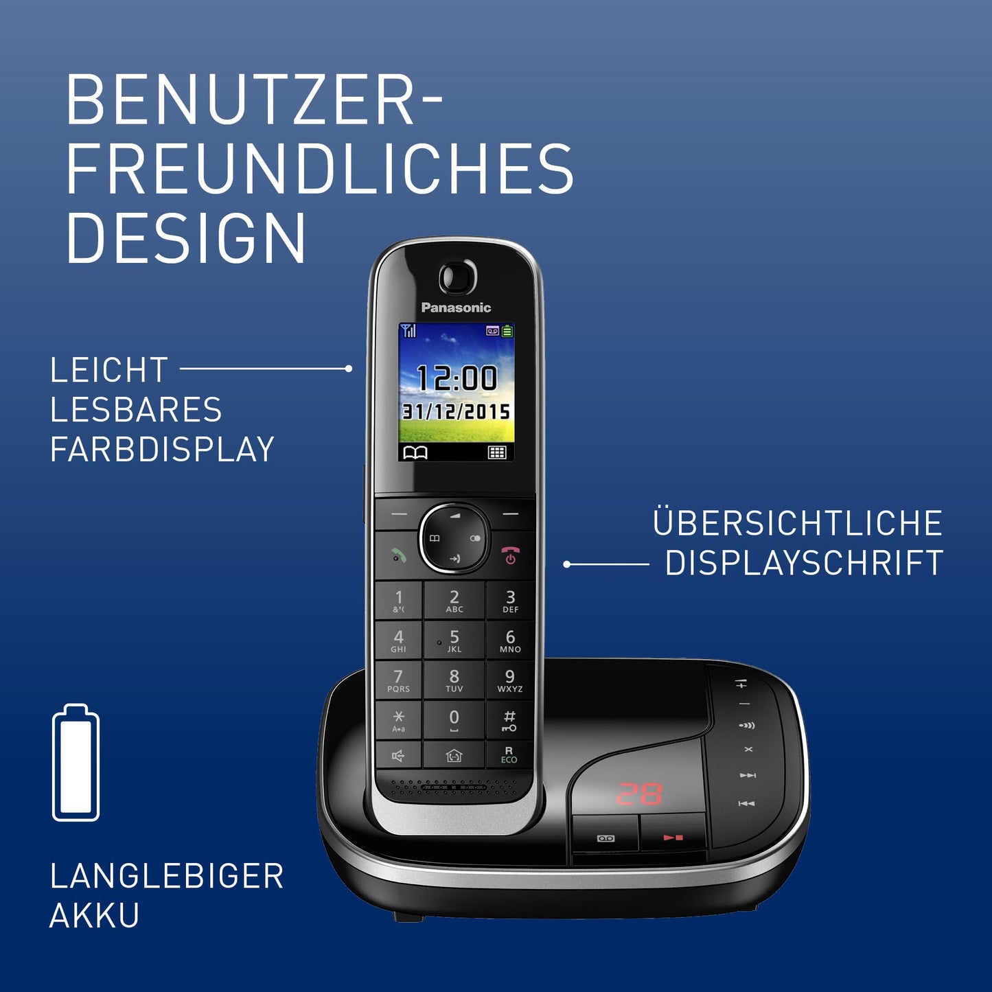 Panasonic KX-TGJ320GB cordless telephone with answering machine, hands-free system, color LCD, DECT security, low radiation, long-lasting battery, black