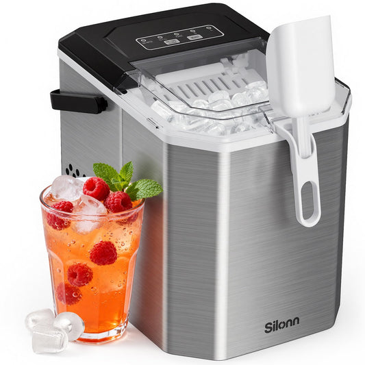 Silonn Ice Cube Machine with Handle Ice Cube Basket - Portable & Self-Cleaning, Mini Ice Maker 9 Ice Cubes/6 Min. 12 KG/Day, Simply Remove Ice Cubes and Use Anywhere - SLIM21T-E