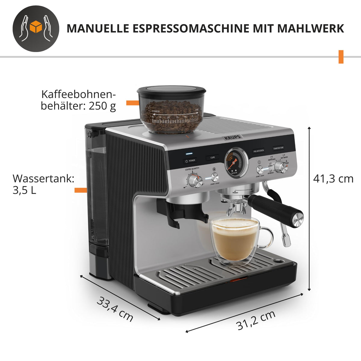 Krups Precision manual espresso machine with grinder, Barista coffee machine with intuitive control panel, pre-infusion settings, espresso machine with steam wand, quick heating, XP801T10