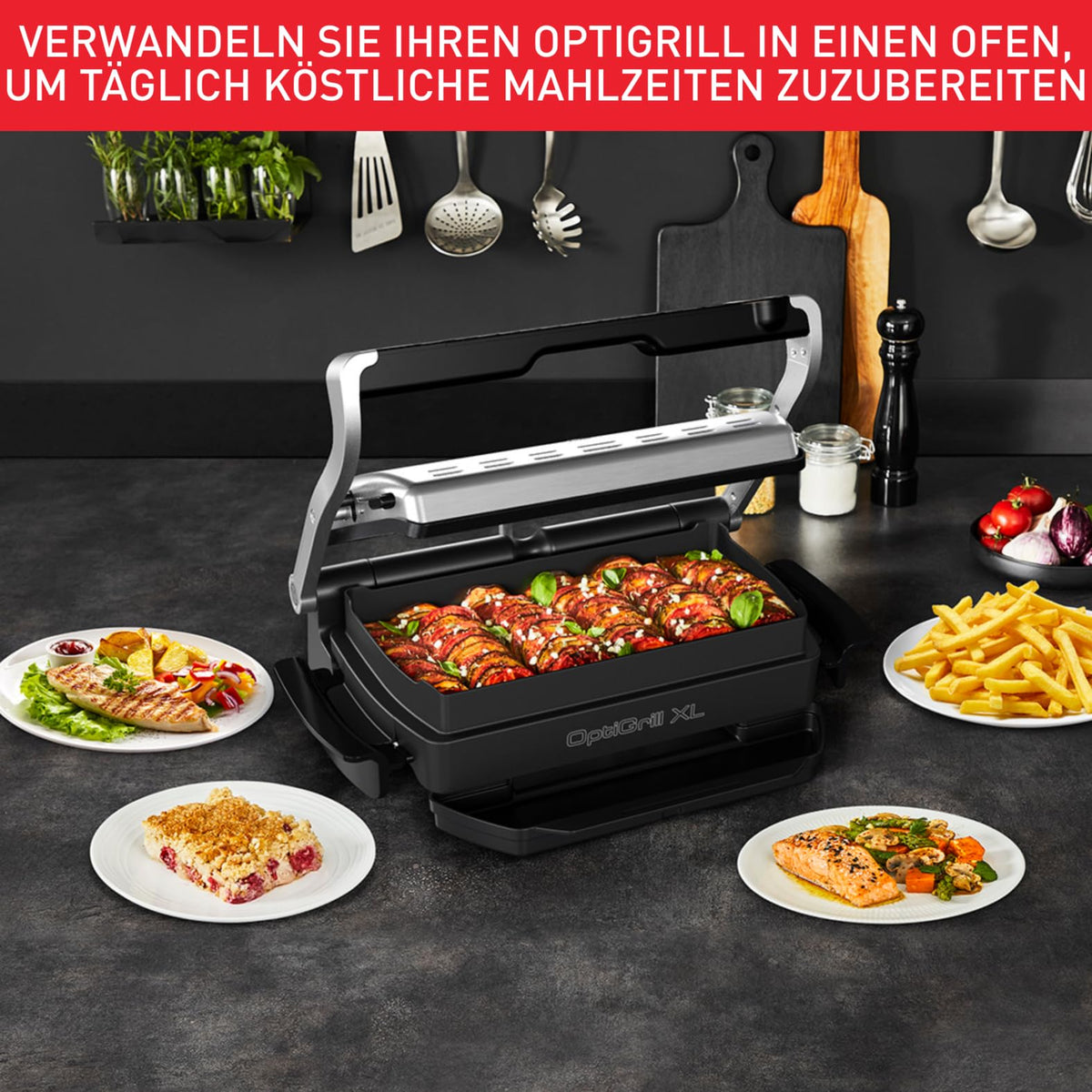 Tefal OptiGrill+ XL | Grill contact cu ajustare automată a temperaturii | 9 programe automate | Suprafață de grill XL | Inclusiv tavă de coacere | GC724D12