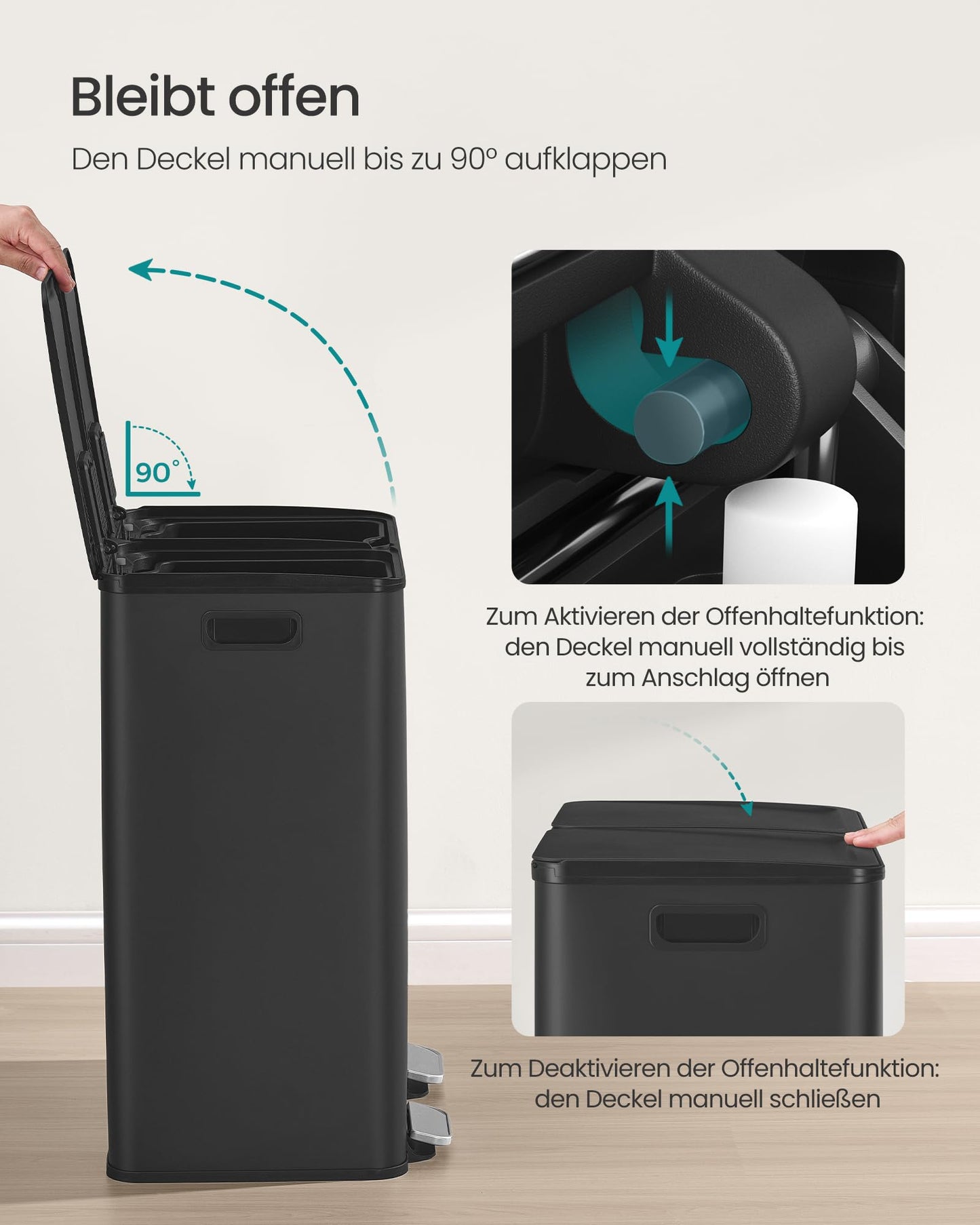 SONGMICS kitchen trash can, 2 x 30 liters, 2 compartments, trash can, pedal trash can, kitchen trash can with soft close lid and inner bucket, steel, including 15 trash bags, ink black LTB741B02