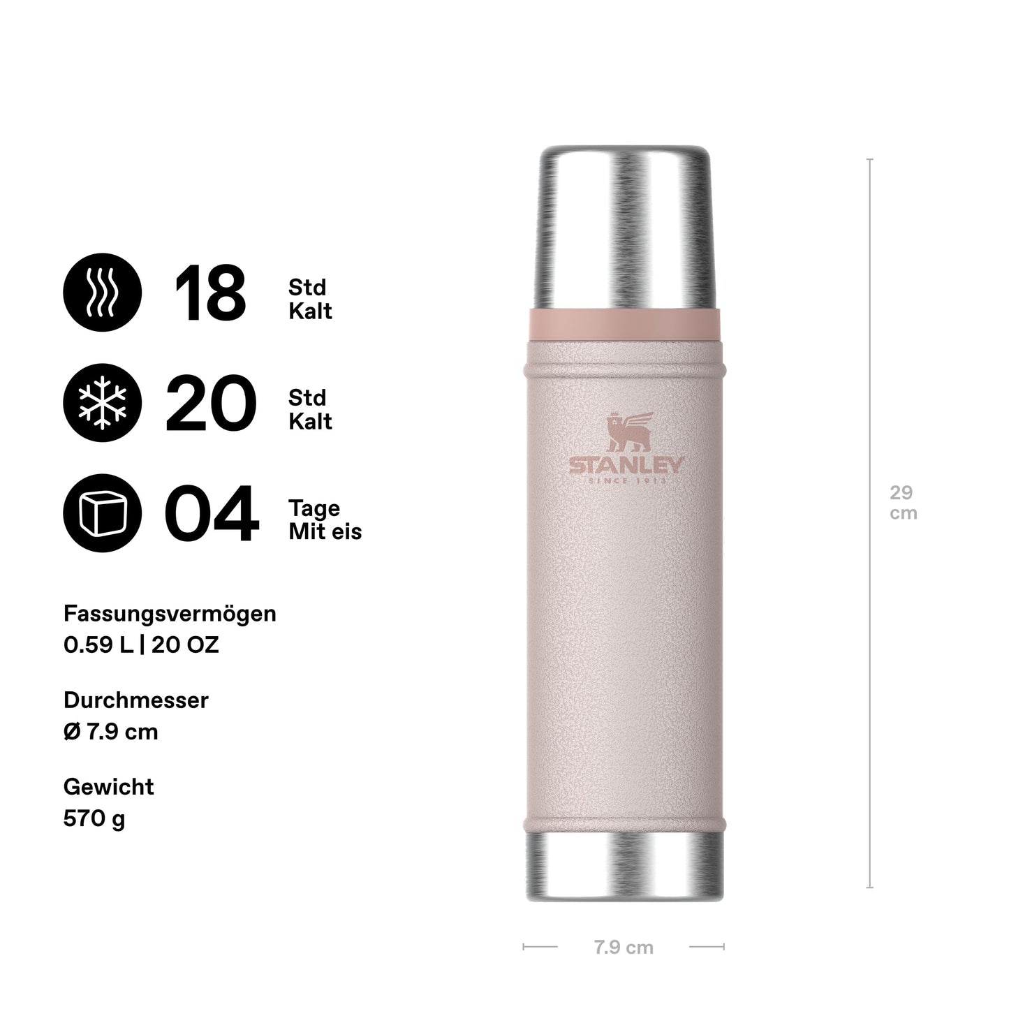 Stanley 1913 Classic Legendary Thermos Bottle 0.59L - Thermos Keeps Hot or Cold for 18 Hours - Stainless Steel Thermos Flask - BPA Free - Dishwasher Safe - Rose Quartz - 100000116116