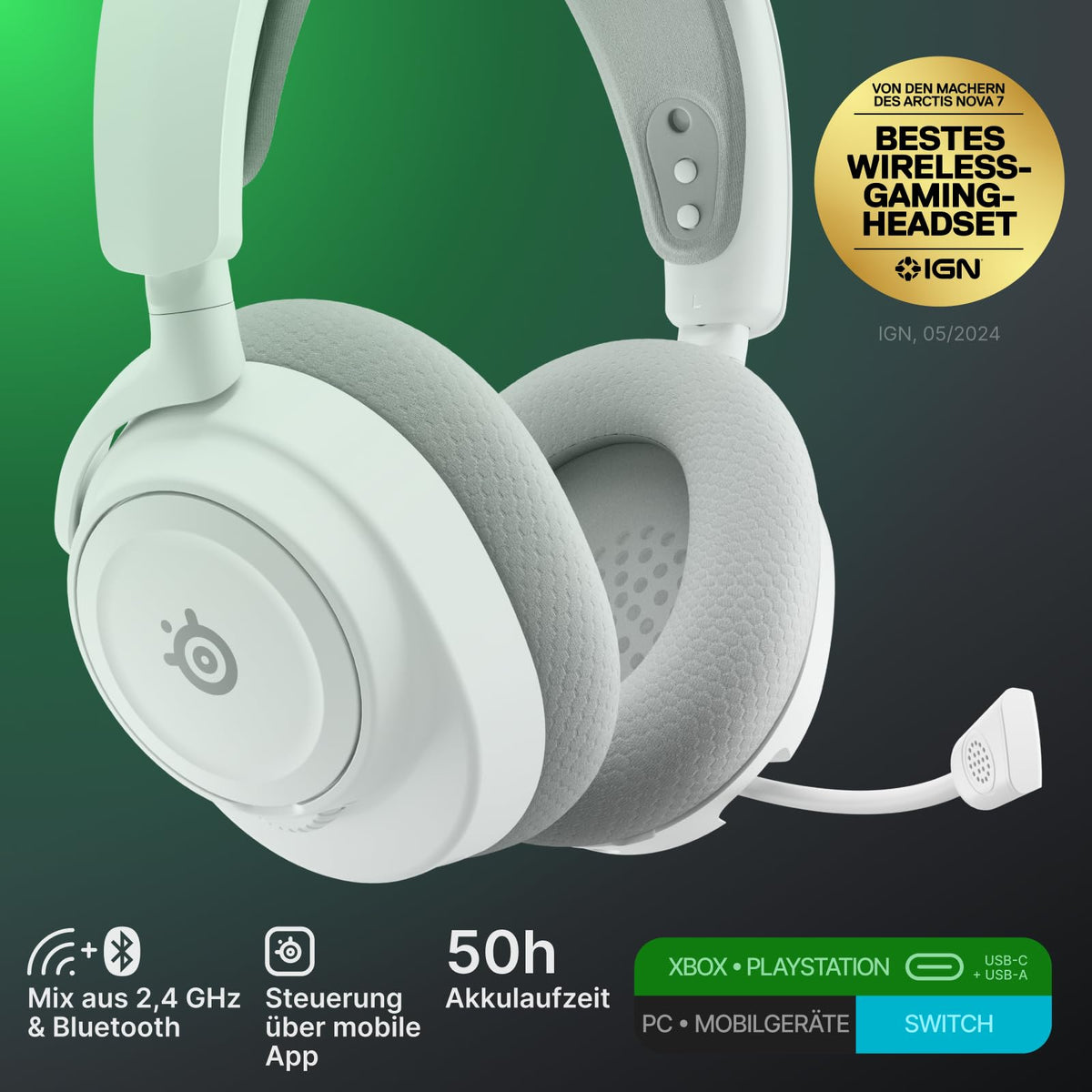 SteelSeries Arctis Nova 7X Wireless Gen 2 Xbox Gaming-Headset - Control aplicație în timp real - Peste 50 de ore de autonomie a bateriei - Posibilitate de utilizare simultană 2,4 GHz/Bluetooth - PC, PS5, PS4, Switch 1/2, dispozitive mobile - 61759