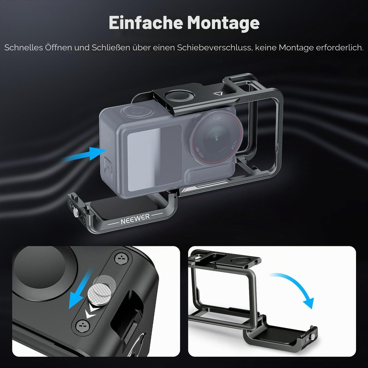 NEEWER Action Camera Cage for Osmo Action 5 Pro / 4/3, Protective Metal Video Rig with Cold Shoe, 1/4" Thread, Shutter Release Compatible with DJI Mic Magnet Adapter Mount Accessories, Black AC014 - 10106884