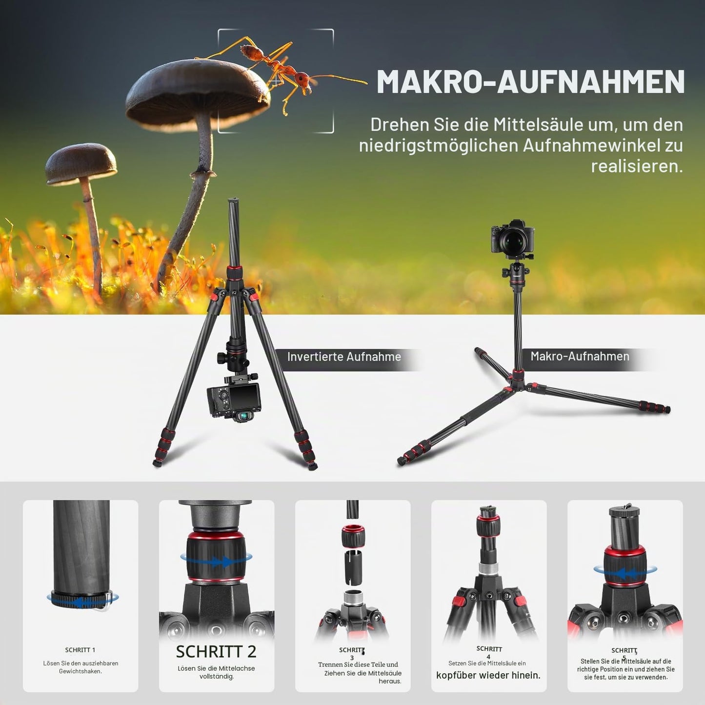 NEEWER 68"/172cm Carbon Tripod Monopod with Center Column, 360° Panorama Ball Head, Arca Type QR Plate, Bag, Compact Lightweight Carbon Fiber Travel Tripod Max Load 26.5lb/12kg, N55C - 10081590@@##1