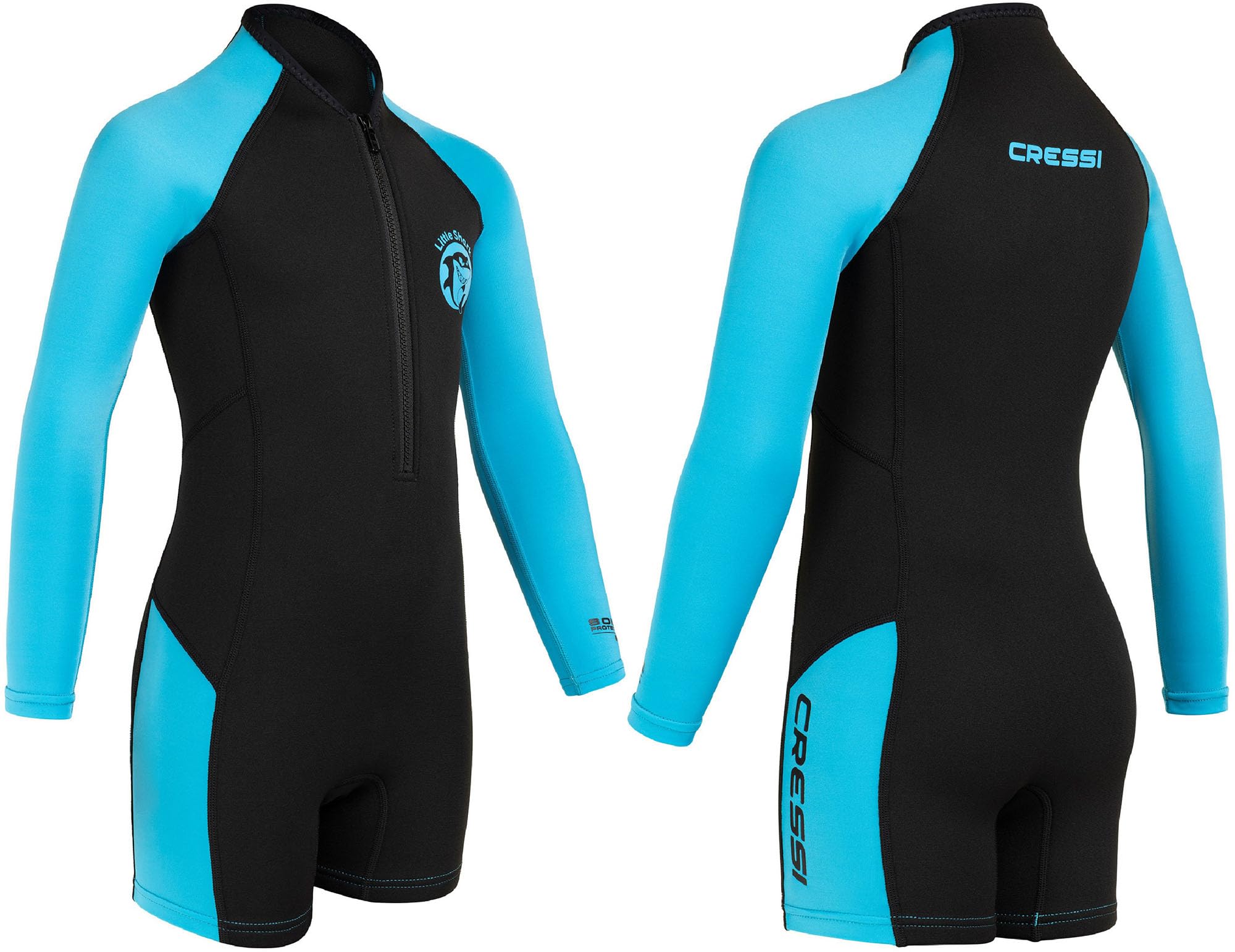 Cressi Shorty 2mm children's wetsuit - children's swimming suit with UV, cold protection, jellyfish protection - swimming suit for girls and boys - black/blue, turquoise - 15/16 years - XDG006209