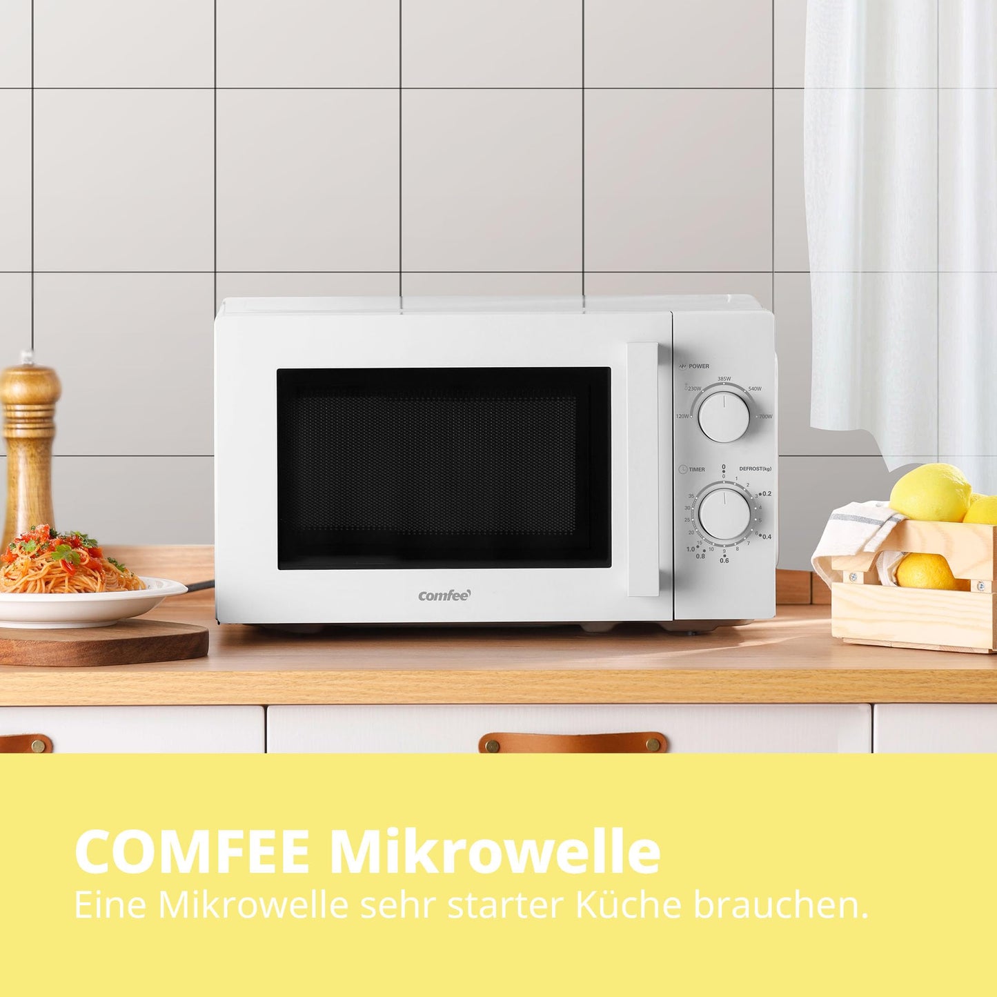 Comfee CMSN 20 wh microwave / solo microwave with 5 power levels / interior lighting / easy defrost / 360° turntable / two rotary controls / 20L / 700W / white, mechanical