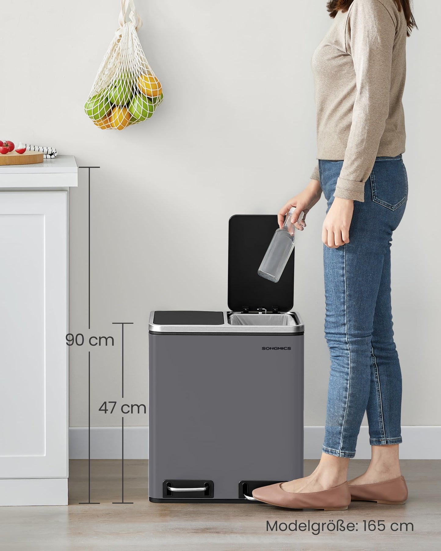 SONGMICS kitchen trash can, 2 x 15 liters, trash separation system 2 compartments, including 15 trash bags, trash can, pedal bin, recyclable waste, organic waste, soft close lid, matt gray LTB030G01