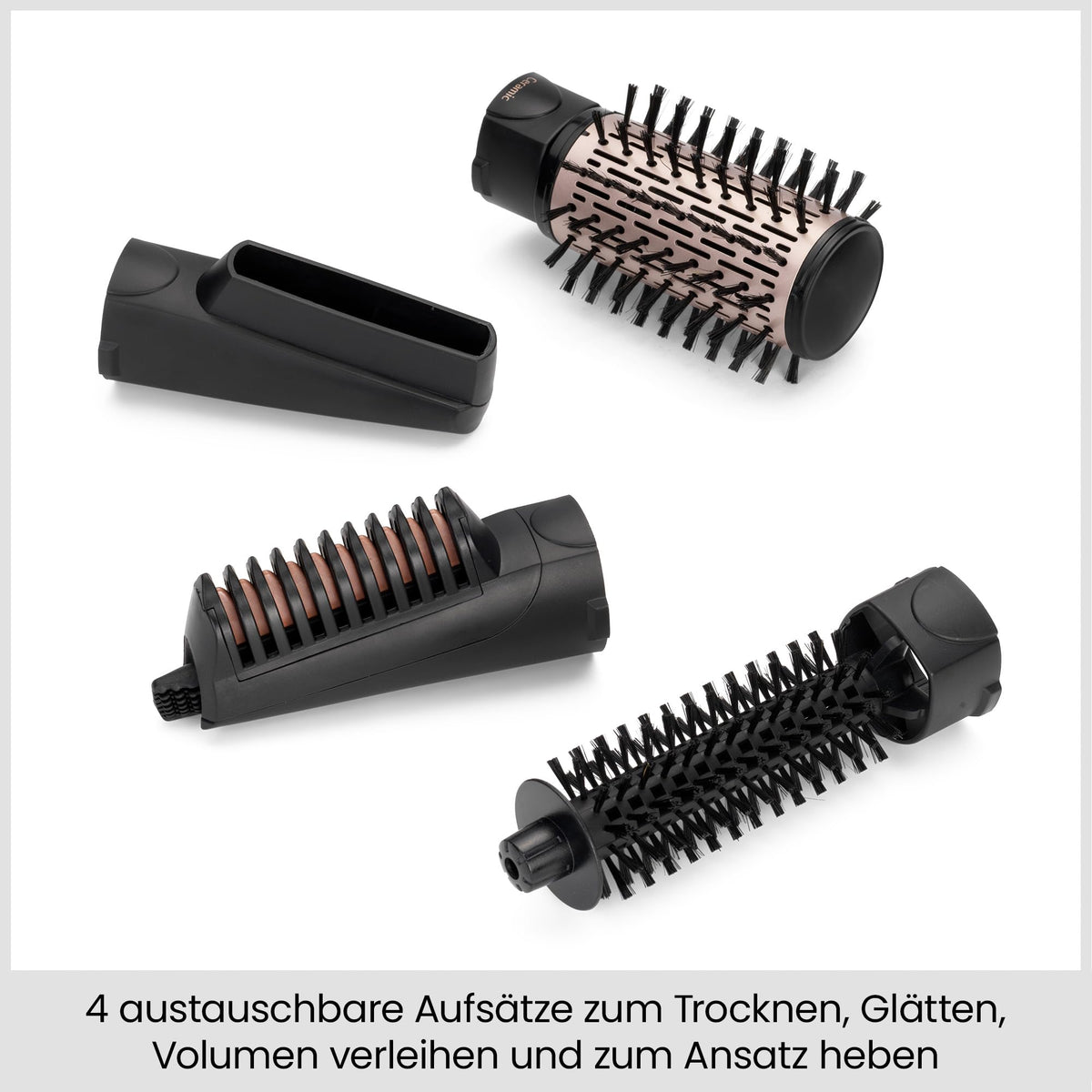 BaByliss Dry, Straighten and Style - Perie rotativă cu aer cald, 1000W, uscător cu perie rotundă cu ioni, cu 4 accesorii pentru uscare, îndreptare și crearea volumului, Negru, AS200E
