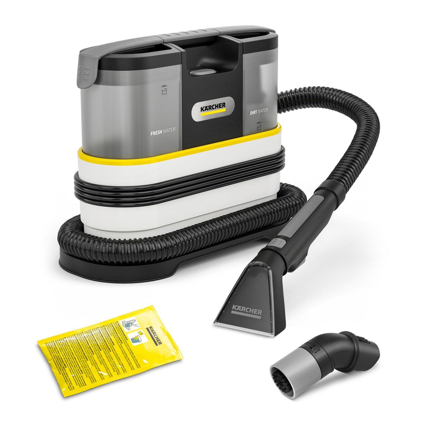 Kärcher vacuum cleaner SE 2 Spot Care, power consumption: 450 W, fresh water tank: 1.5 l, area: 2.89 m2, weight: 4.2 kg, spray suction hose, washing upholstery nozzle, stain nozzle and cleaner RM 519, white - 1.081-420.0
