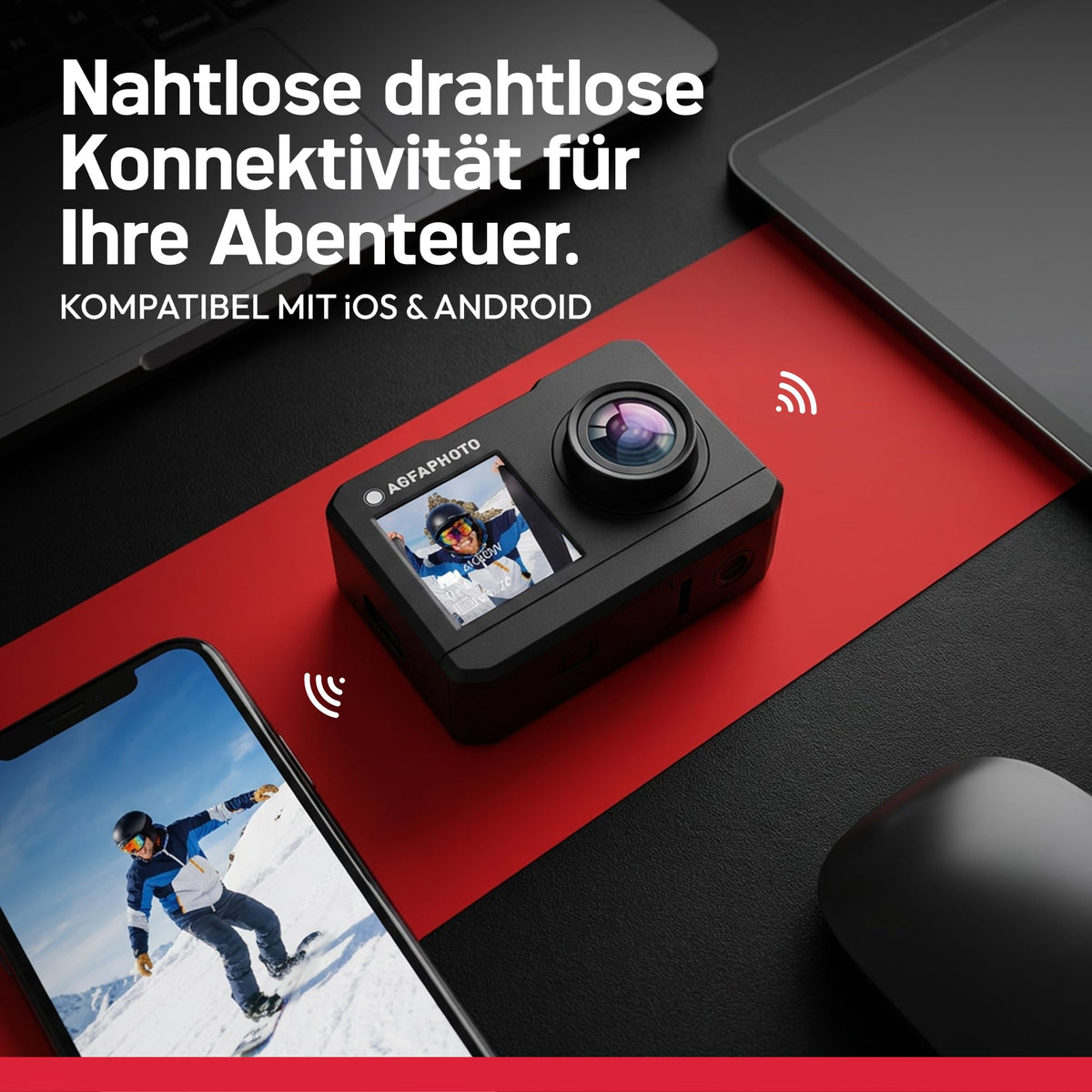 AgfaPhoto - Cameră sport - AC7000 - True 2.7K 30FPS, Ecran tactil dublu, Unghi larg de 120°, Carcasă rezistentă la apă până la 30m - WiFi - 10 accesorii incluse