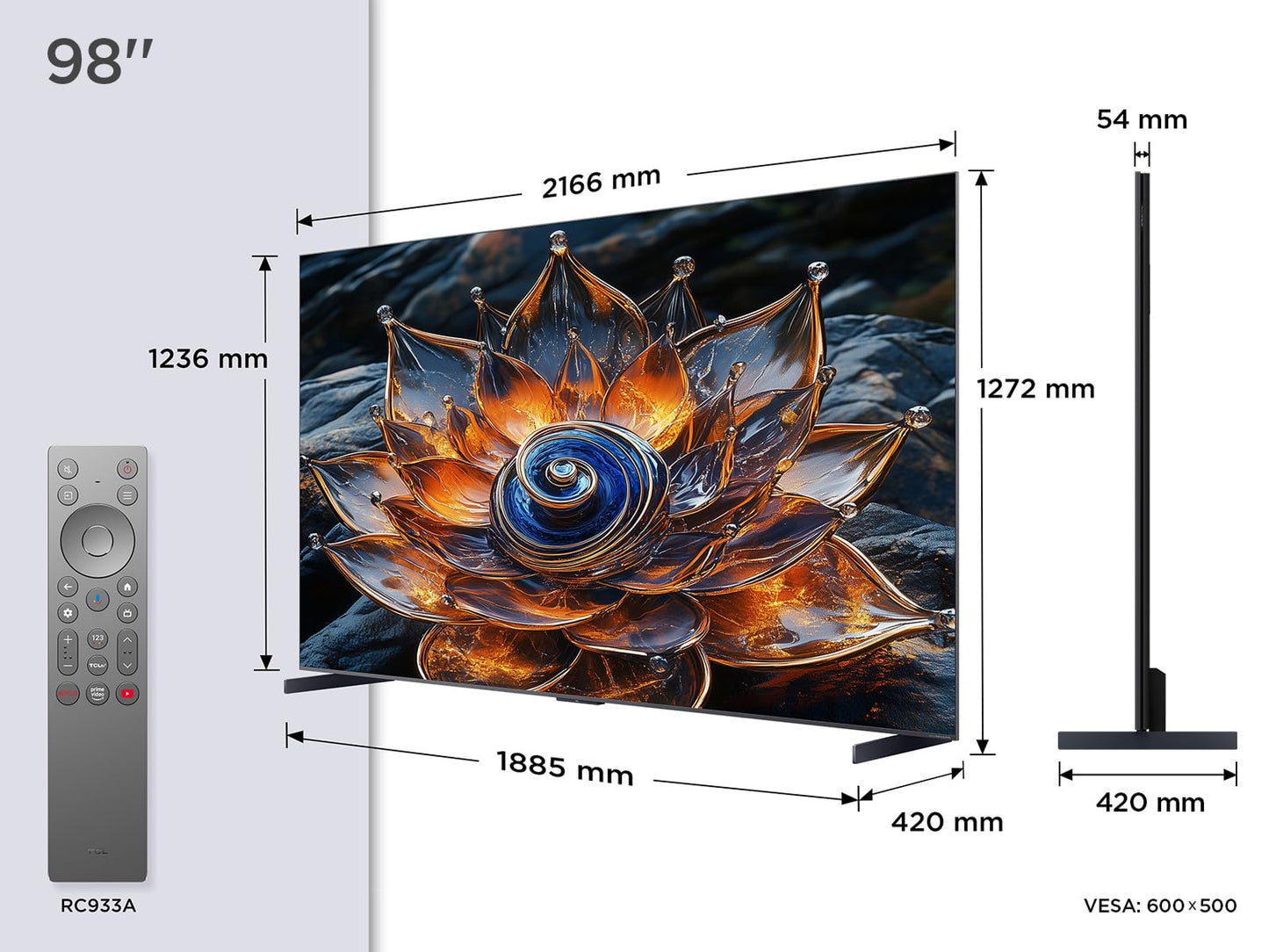 TCL 98Q8C 98 inch QD-Mini LED TV, 4K HDR Premium 5000, ZeroBorder™, Smart Google TV CrystGlow WHVA panel, Bang & Olufsen audio, 144Hz Motion Clarity Pro, Dolby Vision IQ & Atmos