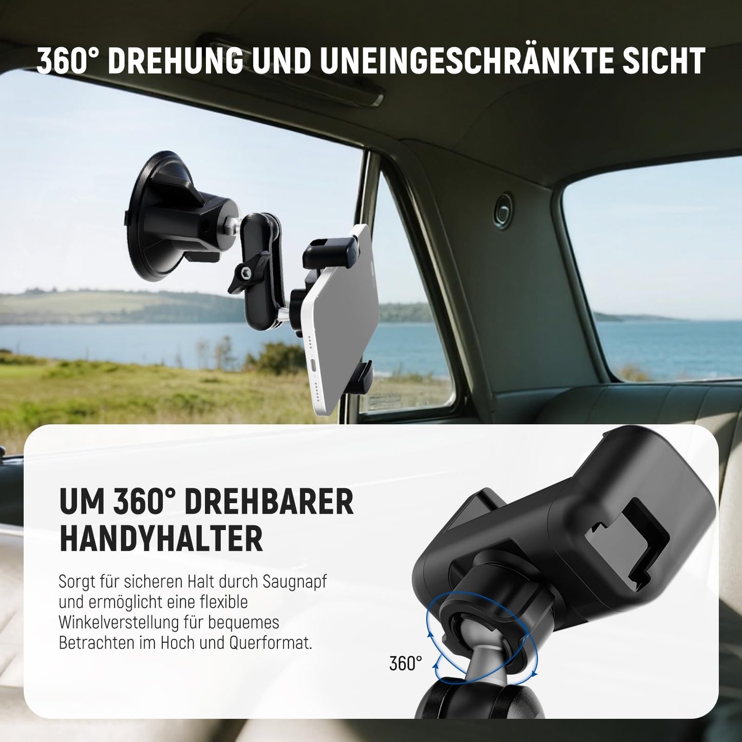 NEEWER Car Phone Holder, 360° Rotating Vacuum Suction Cup Metal Phone Holder with Magic Arm, Compatible with iPhone Samsung, for UTV Windshield, Skylight, Glass, Navigation, Video, PA136