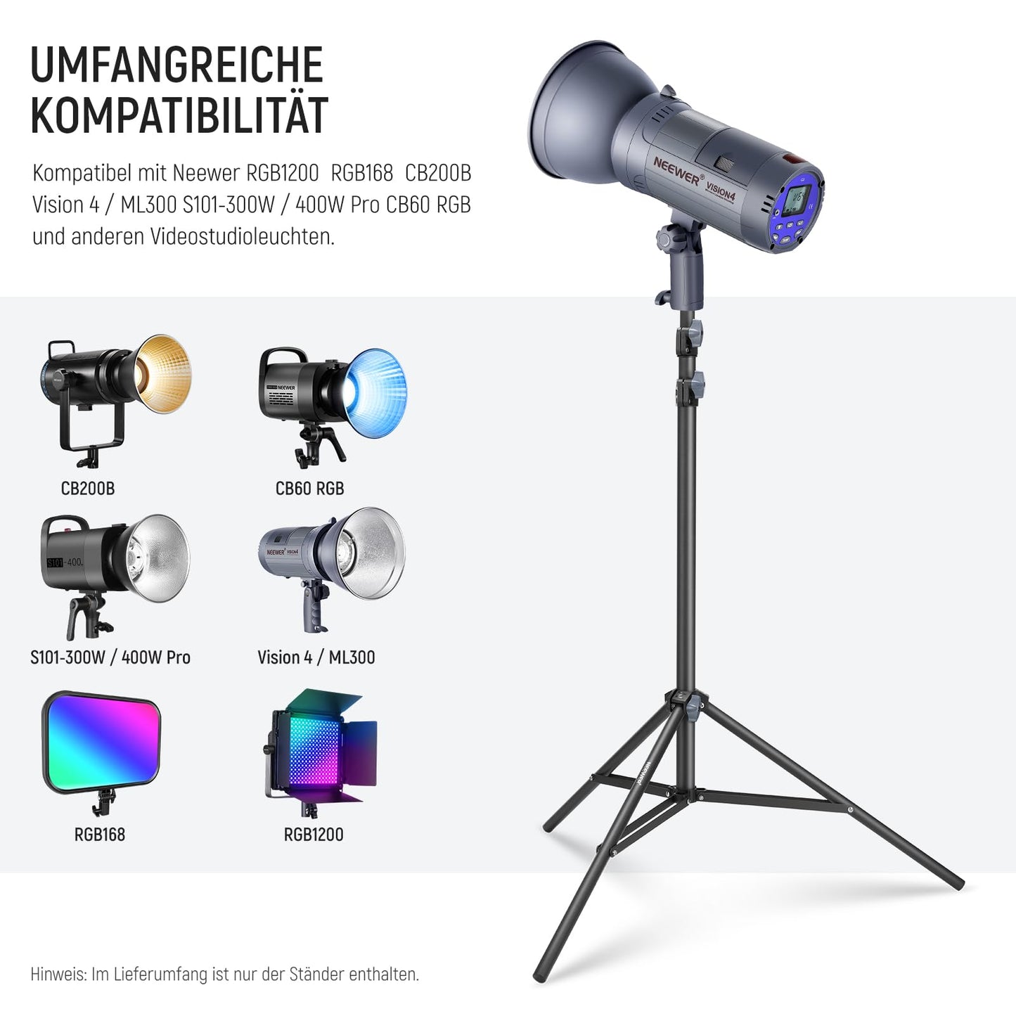 NEEWER Photography Light Stand 87-200cm, Spring-Loaded Lighting Stand with ø28mm Thick Tube Diameter, Lamp Stand for Ring Light/LED/Strobe/Softbox, Max. Load 22lbs, ST-200 Black