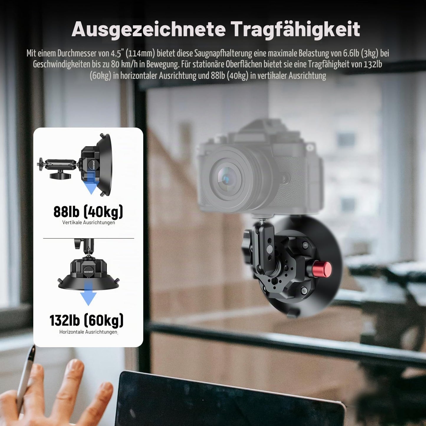 NEEWER 4.5" camera mount with suction cup and ball head magic arm, compatible with ARRI 1/4"l 3/8" holes, car mount and action cam adapter, compatible with iPhone GoPro DJI Insta360, CA105