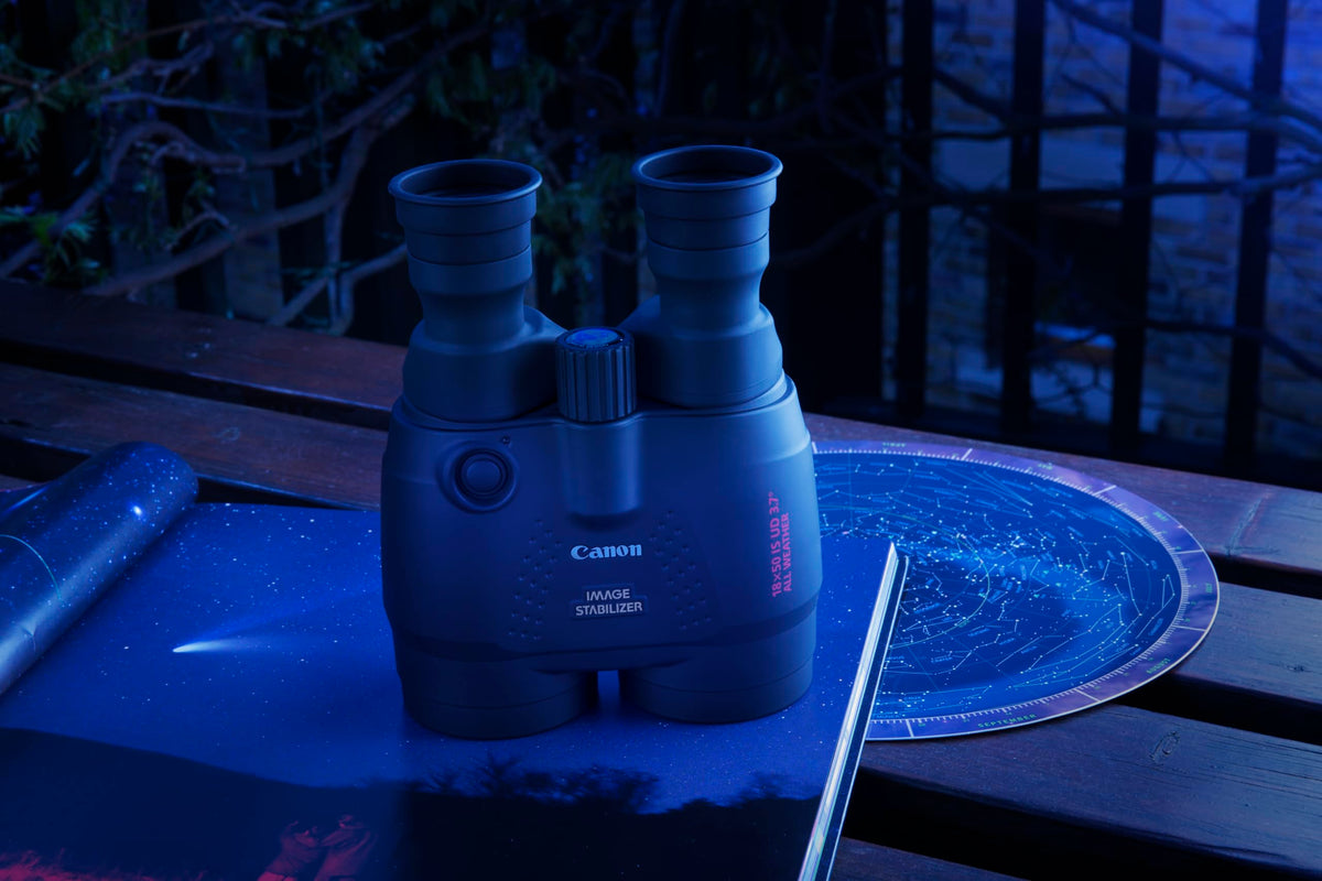 Canon 18x50 IS All-Weather Binoculars (18x magnification, weatherproof, field glasses, precision optics, IS image stabilizer, manual focus, diopter correction, Porro prism II), black - 4624A014