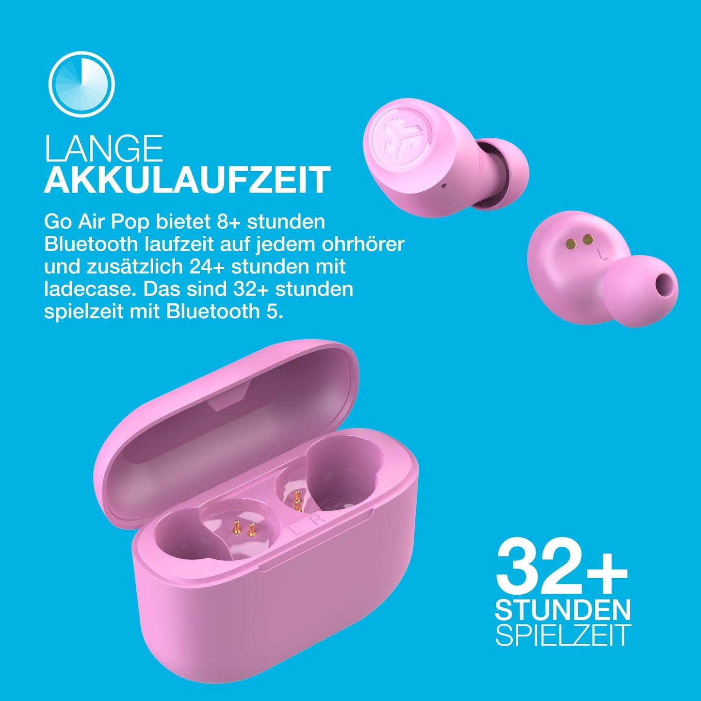 JLab Go Air Pop True Wireless Headphones - Bluetooth 32+ hours, Pink - EBGAIRPOPRPNK124