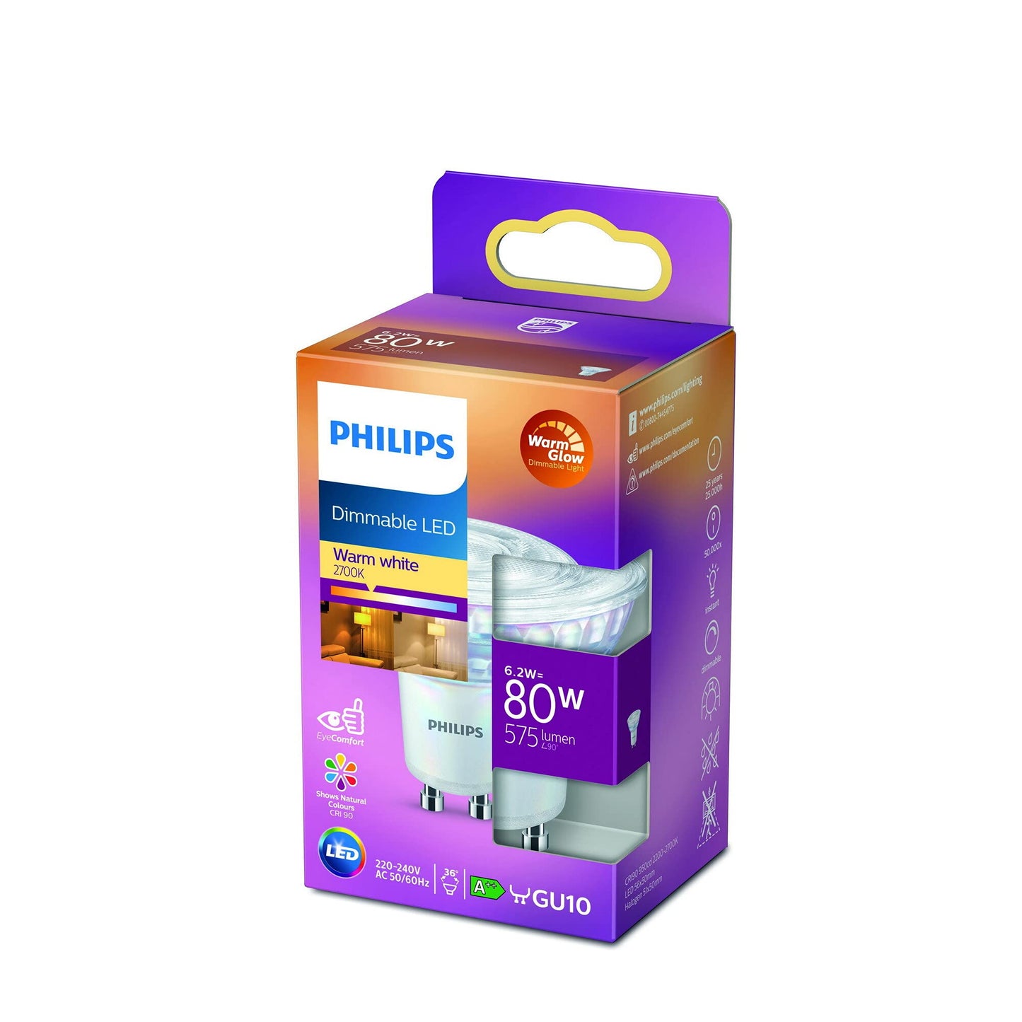 Philips LED Classic GU10 lamp Warm Glow (80 W), dimmable reflector LED spot with warm white light, energy-saving lamp with long service life, Warmglow dimmable - 929002065903