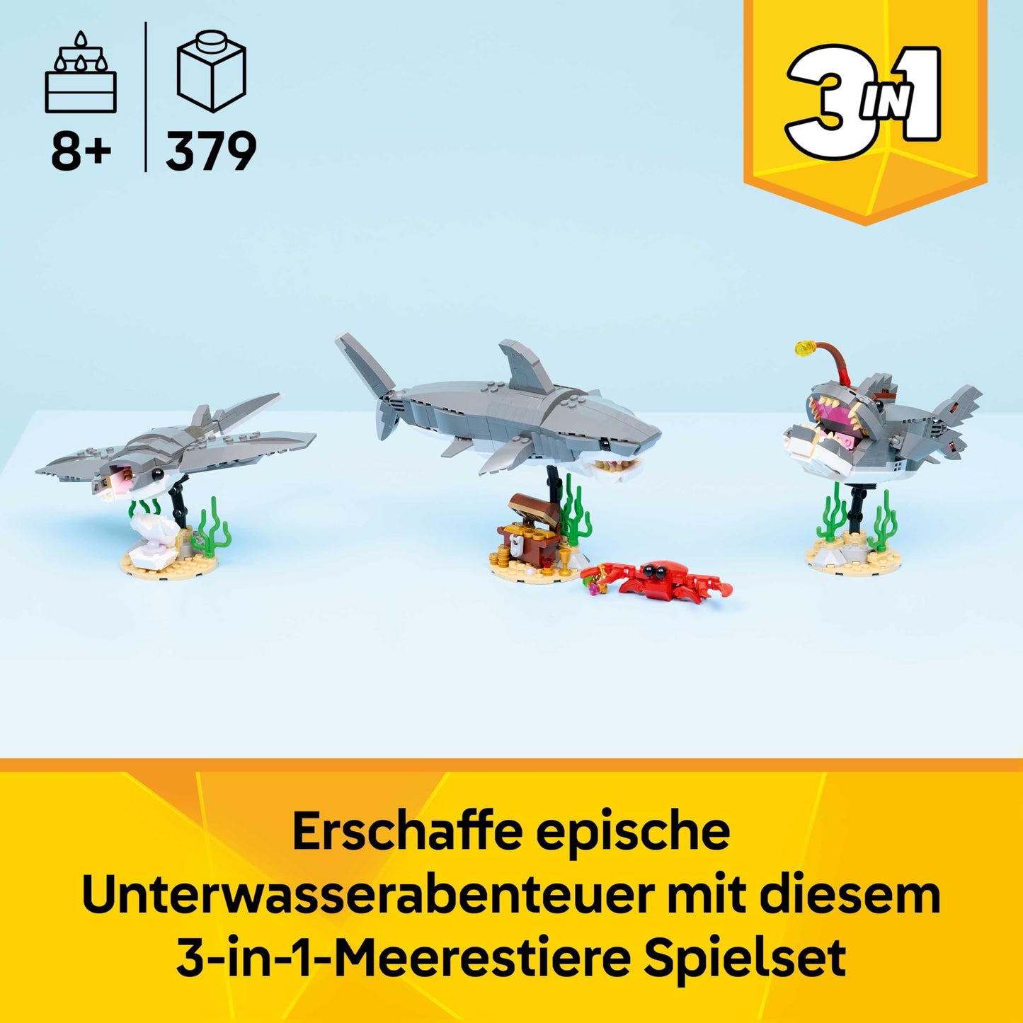 LEGO Creator 3-in-1 Wild Shark Set with Treasure Chest - Creative Toys & Construction Toys - Sea Creatures Building Set with Shark Figure - Gift for Children Ages 8 and Up with 3 Building Options - 31381