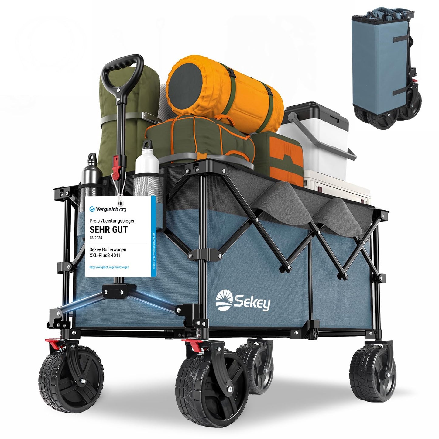 Sekey XXL Plus handcart foldable with brakes 200L 200KG load capacity, extra wide tires all terrain handcart, patented foldable from four directions, - FW39