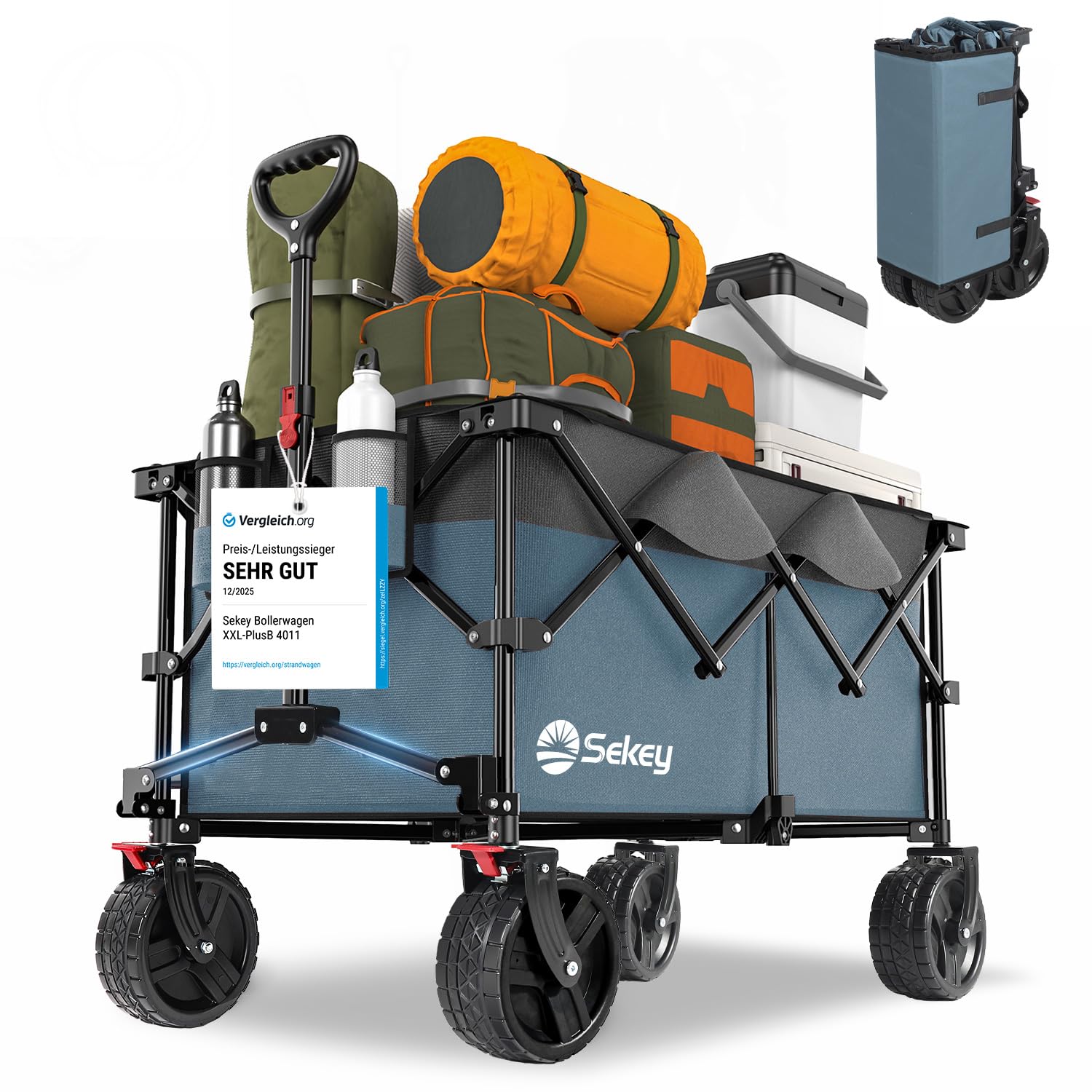 Sekey XXL Plus handcart foldable with brakes 200L 200KG load capacity, extra wide tires all terrain handcart, patented foldable from four directions, - FW39