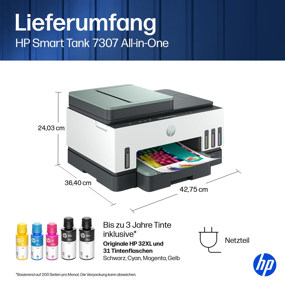 HP Smart Tank 7307 imprimantă multifuncțională 3 în 1 (WLAN; Duplex; ADF) – 3 ani de cerneală inclusă, 3 ani garanție, rezervor de cerneală mare, rază mare, imprimare de înaltă calitate - 941P5A#BHC