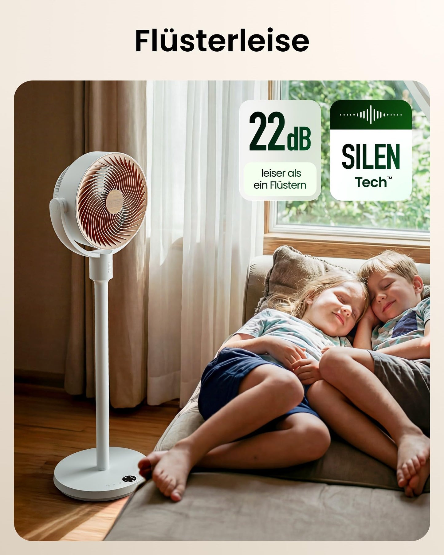 SwitchBot pedestal fan with air circulation with RGB lighting, 22 dB ultra-quiet, remote control, Matter via hub, 9.15 m³/min airflow, height adjustable, 4 modes, 9 speeds, 9h timer - W3800520