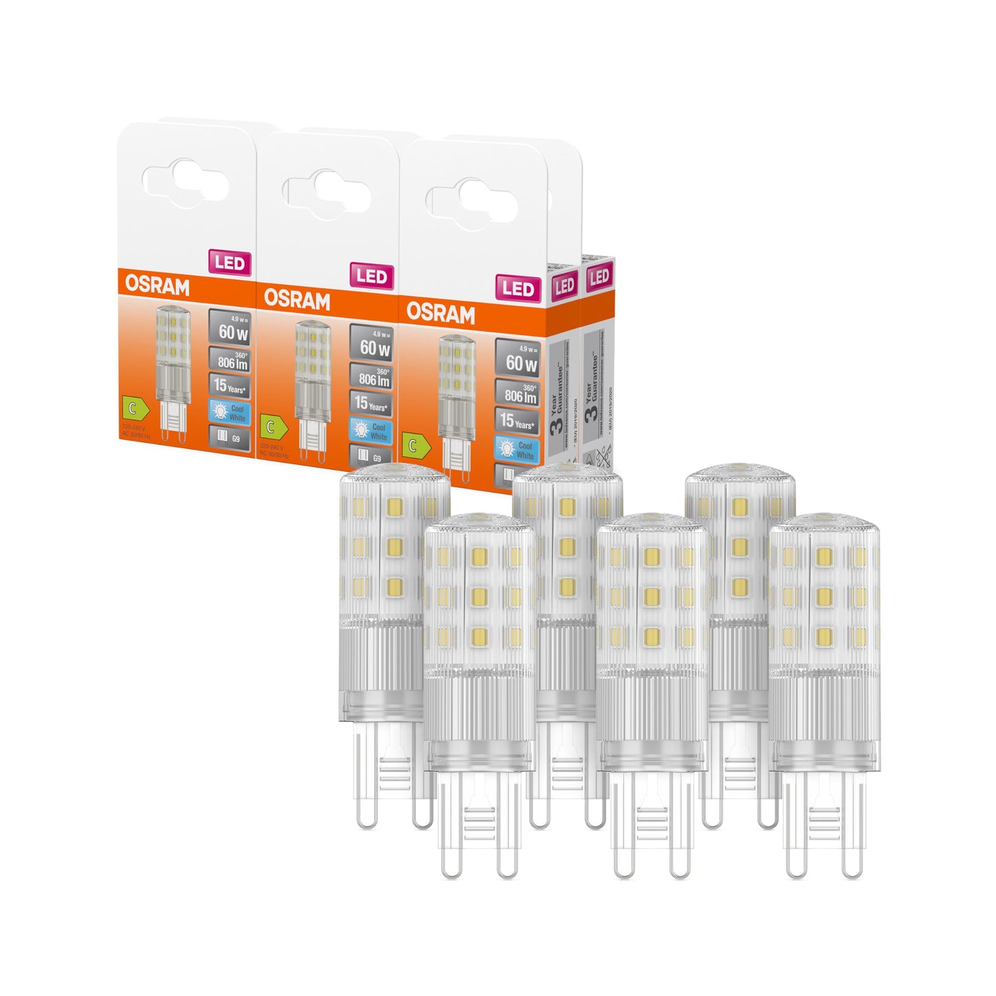 Osram LED PIN multicolor LED lamp with retrofit socket G9, 4.9 W / 806 lm, clear, cold white light with 4000 K, non-dimmable, IP20, lead-free glass, 18 mm diameter. - 4058075840553