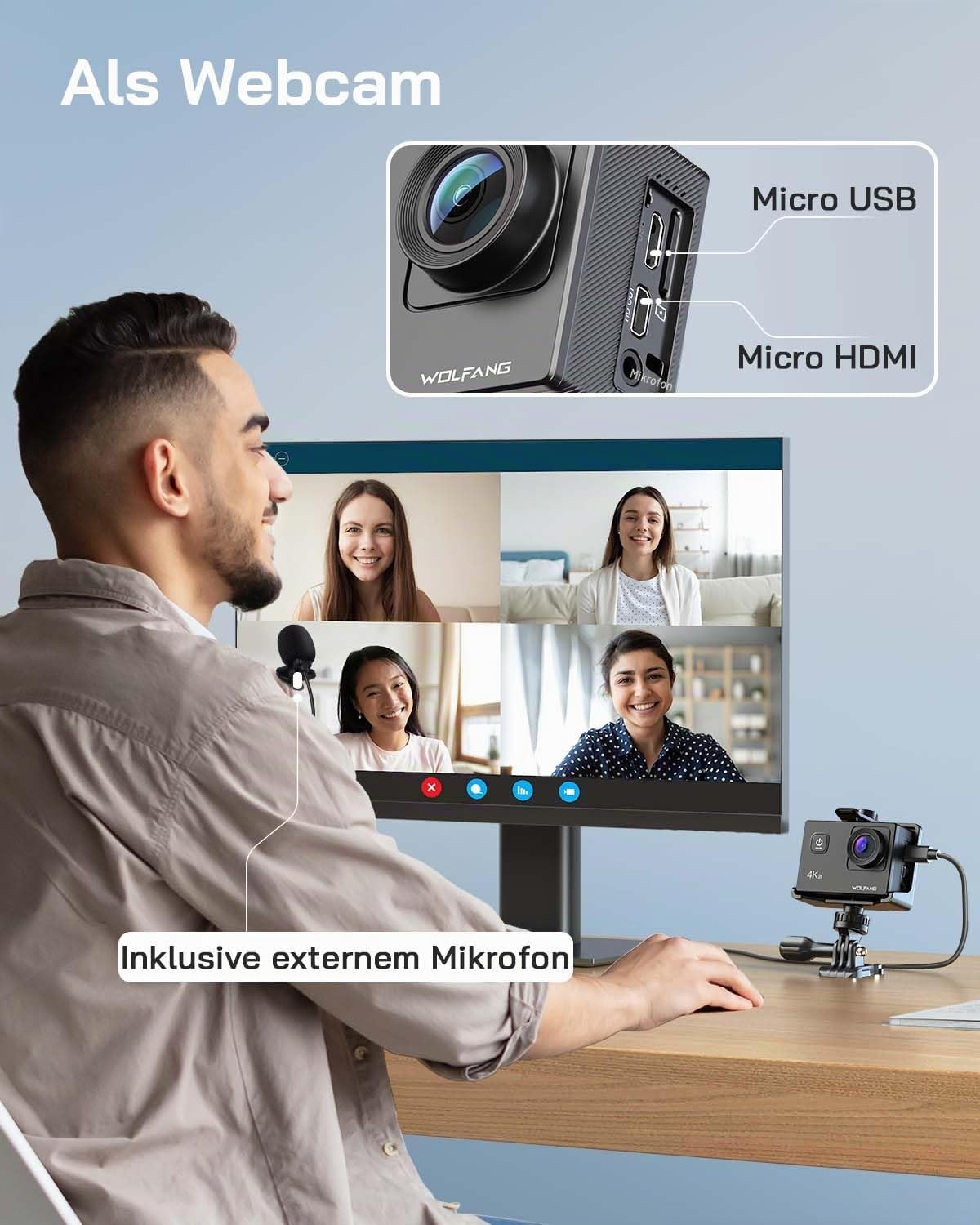 WOLFANG Action Cam GA100 4K 30FPS 20MP WiFi, waterproof 40M underwater camera, EIS anti-vibration, 170° wide angle, remote control, double microphone, 2 x 1050mAh battery, accessory kit