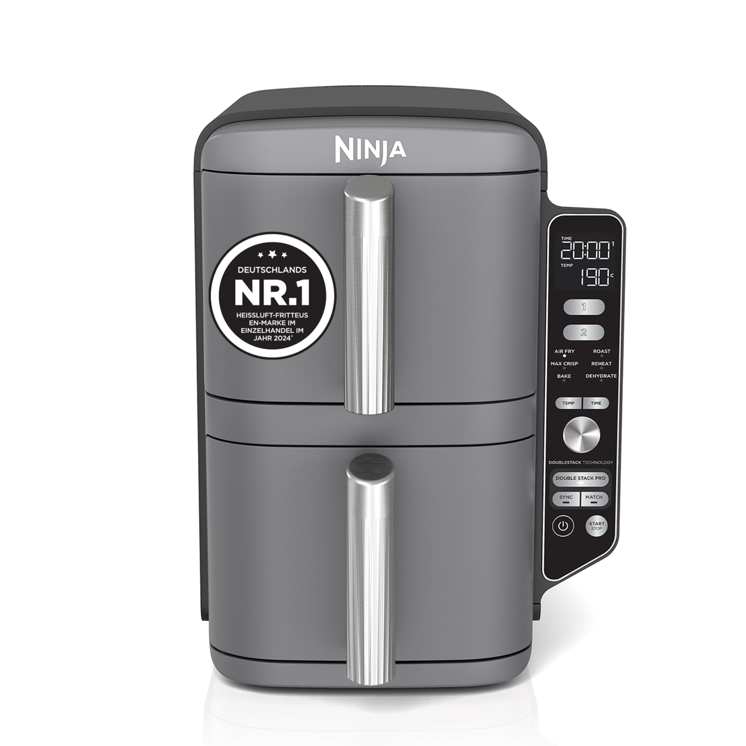 Friteuză cu aer cald Ninja Double Stack XL, 9.5L Airfryer, Friteuză cu aer cald cu coș dublu cu 4 niveluri de gătire, 2 coșuri, 2 grătare, design care economisește spațiu, 6 funcții de gătire, 8 porții, gri SL400EU
