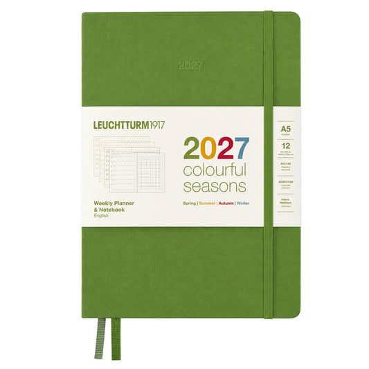 LEUCHTTURM1917 Weekly Calendar & Notebook Dotted Medium (A5) 2027, Colorful Seasons Green, English Hardcover Calendar Overview 2026/2027/2028, Planning Overview 01.27-12.28, Project Planner, Folding Pocket - 400368