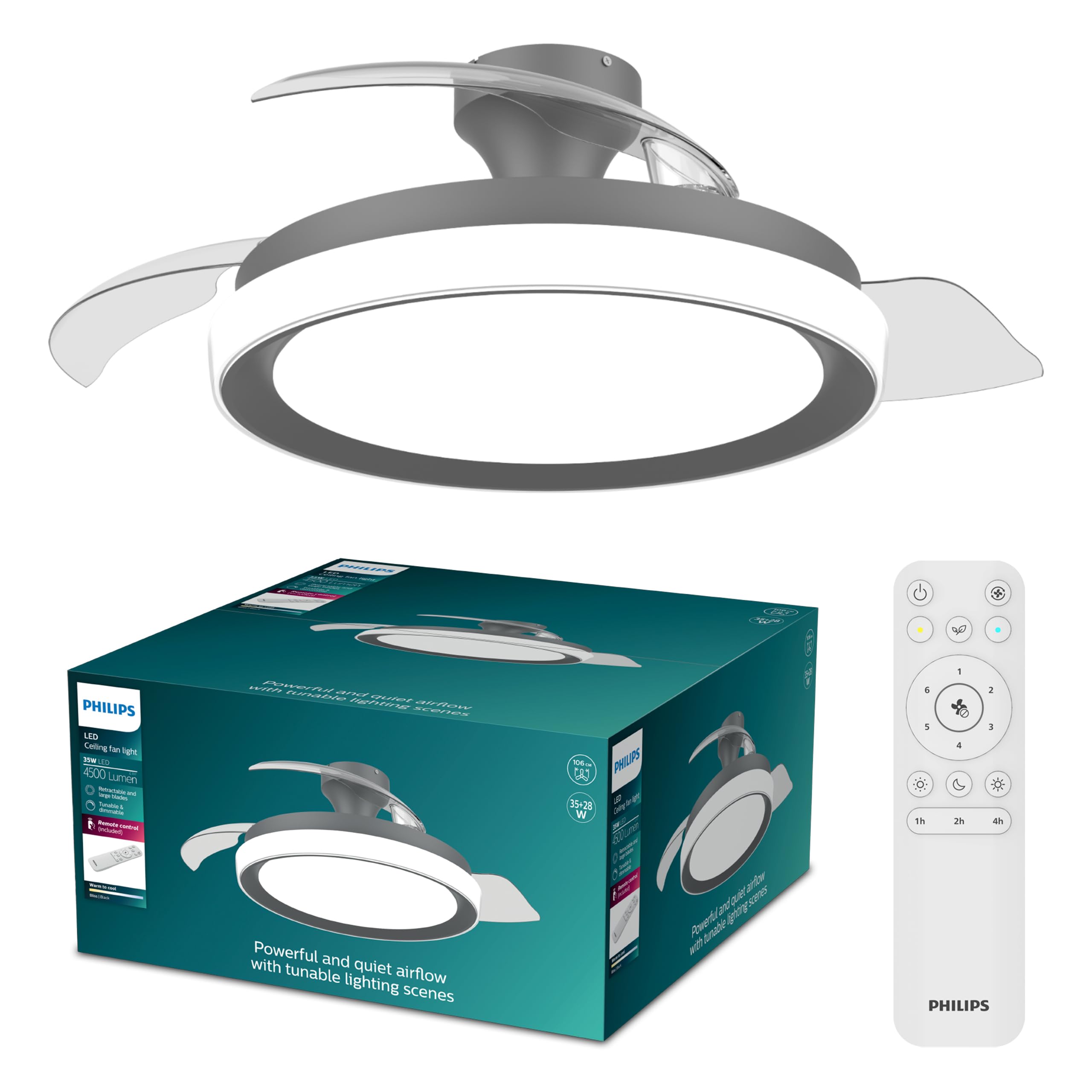 Philips Bliss ceiling fan with LED light and retractable blades, 3 blades, 106 cm wingspan, 4,500 lumens, adjustable. Light (3,000 K to 6,500 K), dimmable up to 5%, including remote control, black - 929004749701