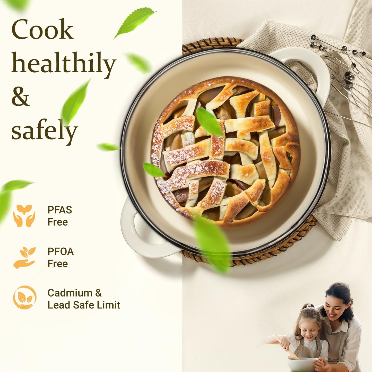 Overmont roasting pan enamel cast iron pot - casserole dish 24cm oven-safe - with lid and cookbook - for kitchen baking stewing roasting white - Enamelled